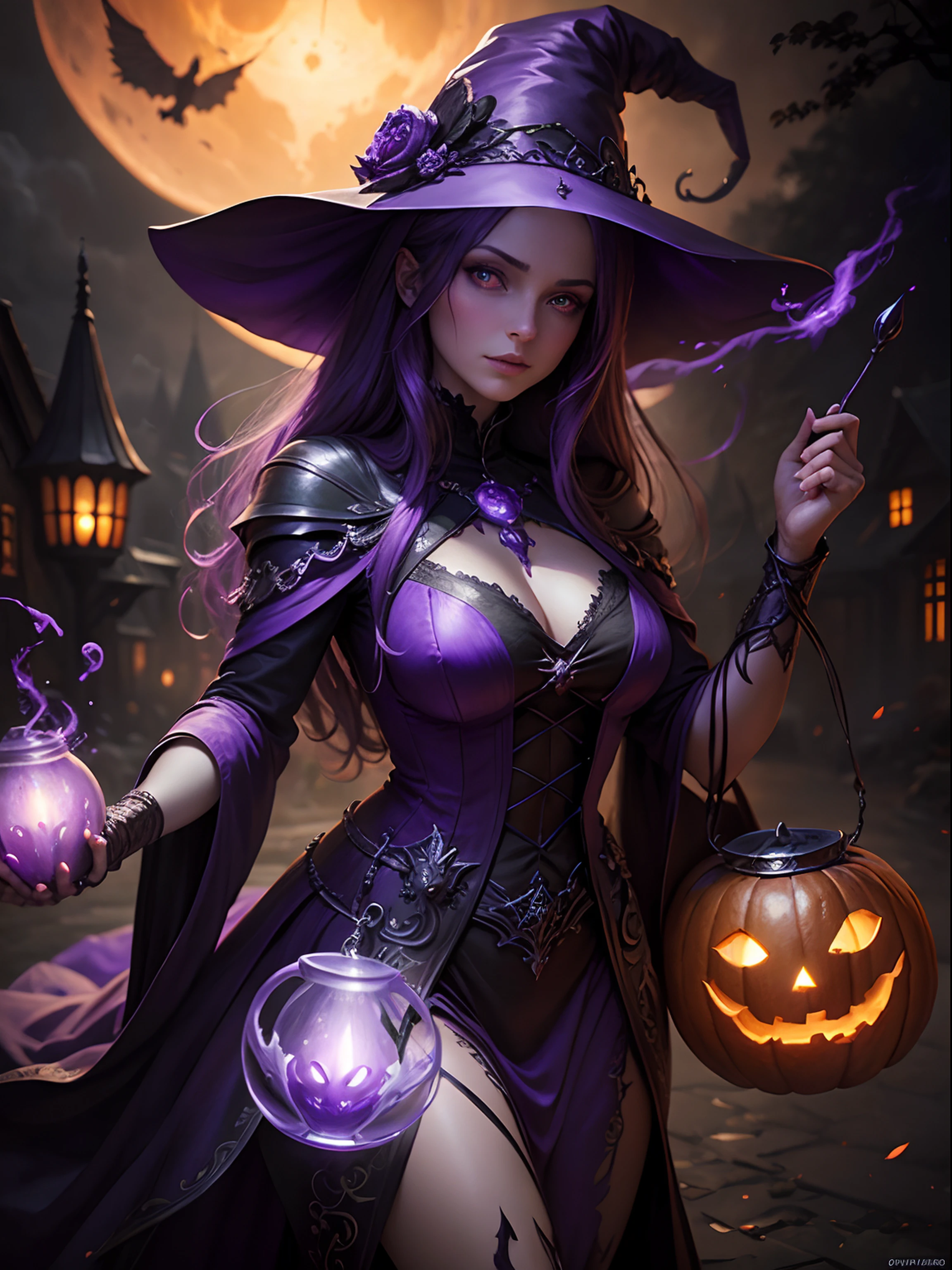 a purple witch purple glowing eyes pumkin lanterns fantasy art highly detailed digital painting, fantasy art beautiful many details epic fantasy photo realism digital art Cinematic Photography art
