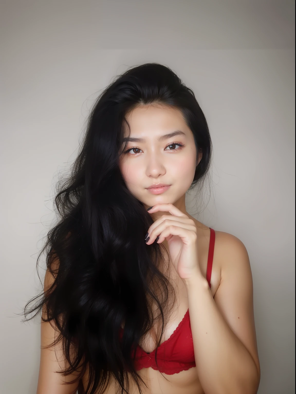 arafed woman in a red bra top posing for a picture, female with long black hair, mulher nova com cabelo escuro longo, 18 anos, cindy avelino, com cabelos longos, ondulado longo - comprimento cabelo preto, com longos cabelos escuros, foto de perfil headshot, com cabelo preto, Asian girl with long hair, com longos cabelos pretos no estilo disney pixar