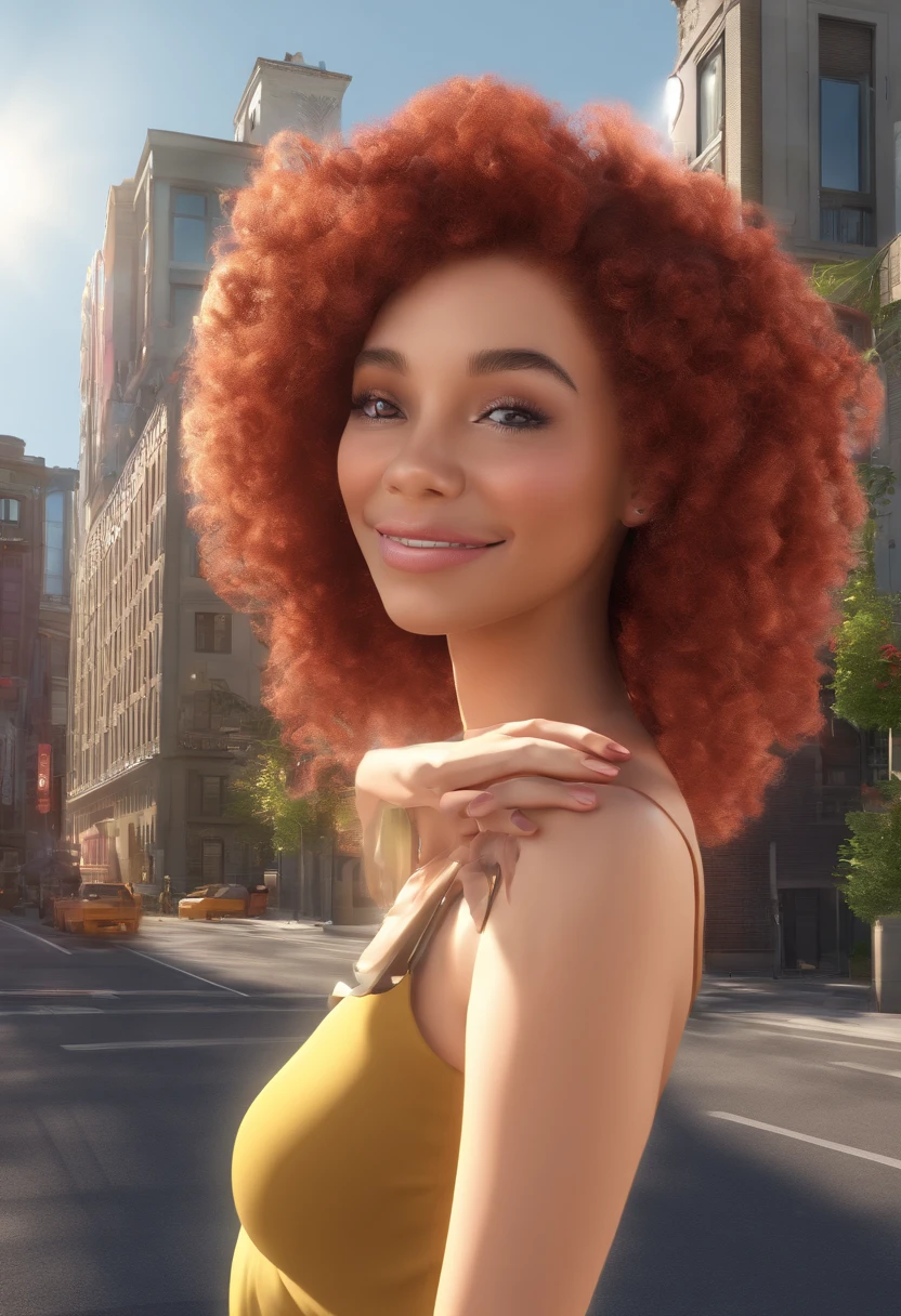 negra, adulta, pregnant, olho castanho, sorriso claro, flor, ao ar livre, Your hair is loose , It's red-haired and curly, corpo inteiro, tem piercing no nariz. The background is filled with an urban tone of the city, evoking a sense of lightness and happiness. Cantora
