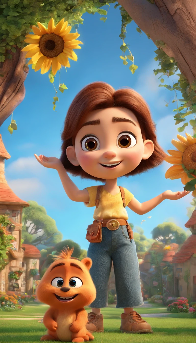 Create a Disney PIXAR-style 3D poster with a groot-style theme. no centro da imagem, triplets being, 1 menino no meio e 2 meninas ao lado, They're hugging each other, O menino tem pele castanha e cabelos castanhos escuros e olhos castanhos escuros, 1 menina tem pele clara, olhos e cabelos escuros e cacheados, e a outra menina tem pele morena, olhos escuros e cabelos escuros e lisos, tudo isso no estilo Disney PIXAR 3D, In the background, A house of sunflowers, Gloria Studio, The garden is full of nature 3D render RTX clay material, estilo de design cartunesco, POP Mart, soft lighting, linhas suaves, Spring tilt, Detailed illustrations of PIXAR 3D , Detalhes hiper-realistas, cor quente no estilo Disney PIXAR 3D