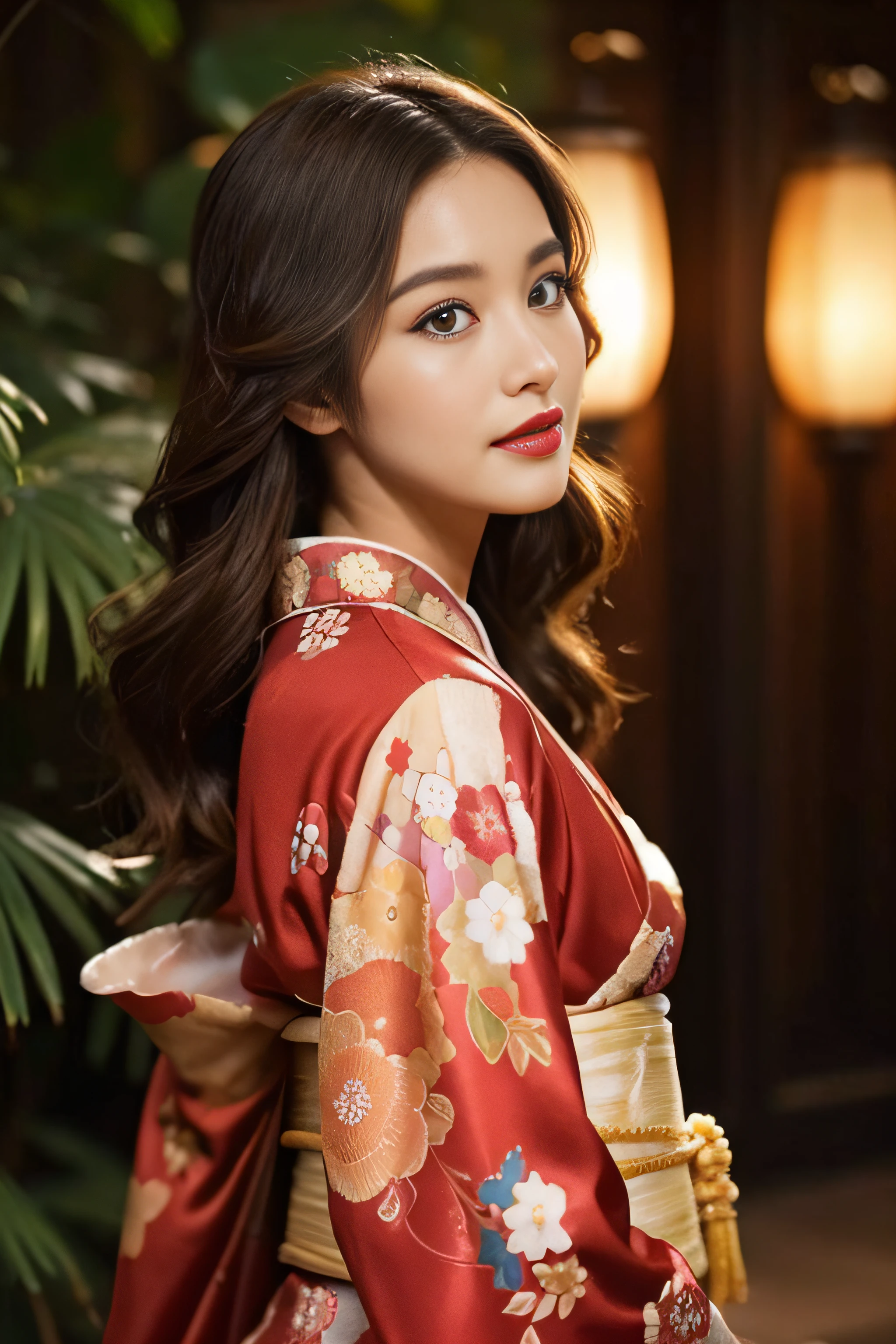 1womanl、(Super beautiful)、(beauitful face:1.5)、(A detailed face)、Early 30s、(Kimono)、Wearing heavy makeup、(red-lips)、Brown hair、(Immediately after sunset:1.2)、(Back lighting)、A scent that can't be hidden、Before you know it, It's ingrained in you、If someone takes you, I want to kill you、Sleep in a hideout、Winding Slope、Joren Falls、soar、shake off、Passing through the dazzling flames、mont. Amagi I want to climb with you、At SFW