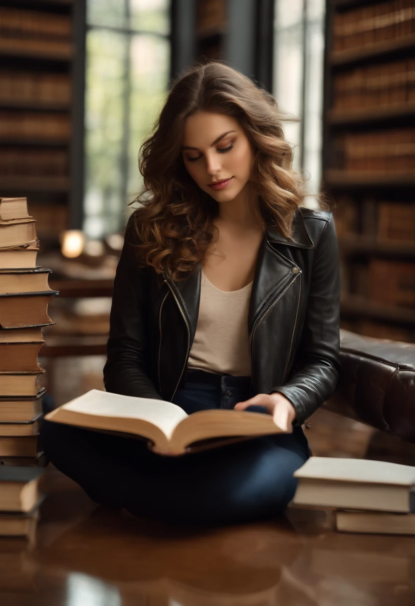 Woman with delicate face, airy skin, very white skin, wavy hair, big light brown eyes with big light brown eyelashes, with pants with blouse and leather jacket, sitting in a library full of books, reading and drinking coffee