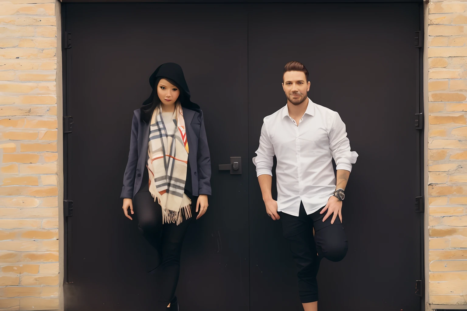There are two people standing next to each other in front of a door, Jordan Grimmer e Natasha Tan, Tyler Edlin e Natasha Tan, Foto promocional, Directed by: Daniel Lieske, Directed by: Emma Andijewska, Retrato de duas pessoas, imagem de perfil, Directed by: Niko Henrichon, Directed by: Nick Fudge, Photo Session, Directed by: Matija Jama