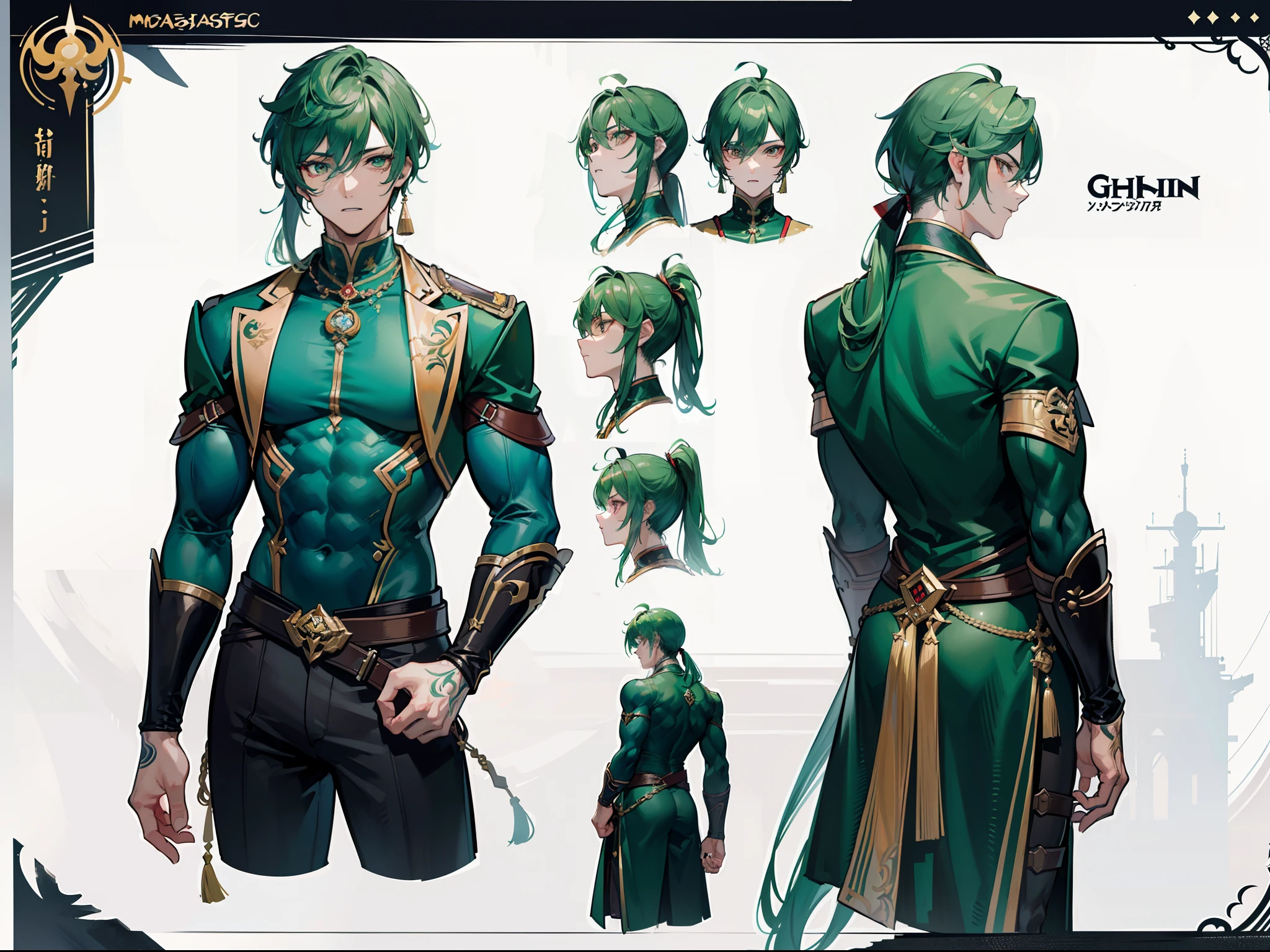 ((Masterpiece, Highest quality)), Male, boy, Detailed face, character design sheet， full bodyesbian, Full of details, frontal body view, back body view, Highly detailed, Depth, Many parts, Muscle boy with ponytail long green hair，handsome man, muscle body, vampire outfit clothes, Genshin Impact, man tall,