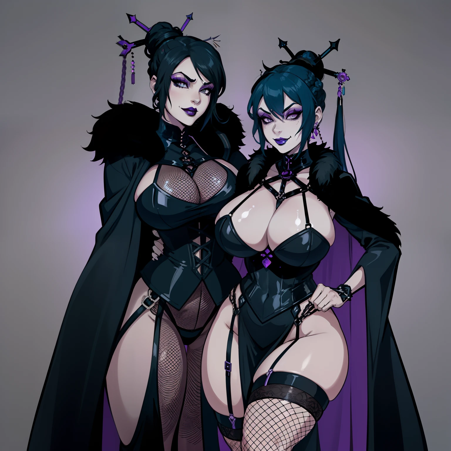 Lineart monochrome, lineart, monochrome, manga, no background, printable, thicc Gothic female wearing sexy fur lined robe with sexy purple dress under it, has blue hair, thicc, wearing fishnets, nsfw, lewd, black lipstick, dominatrix aesthetic, BDSM gear, dominant, evil, sensual grin