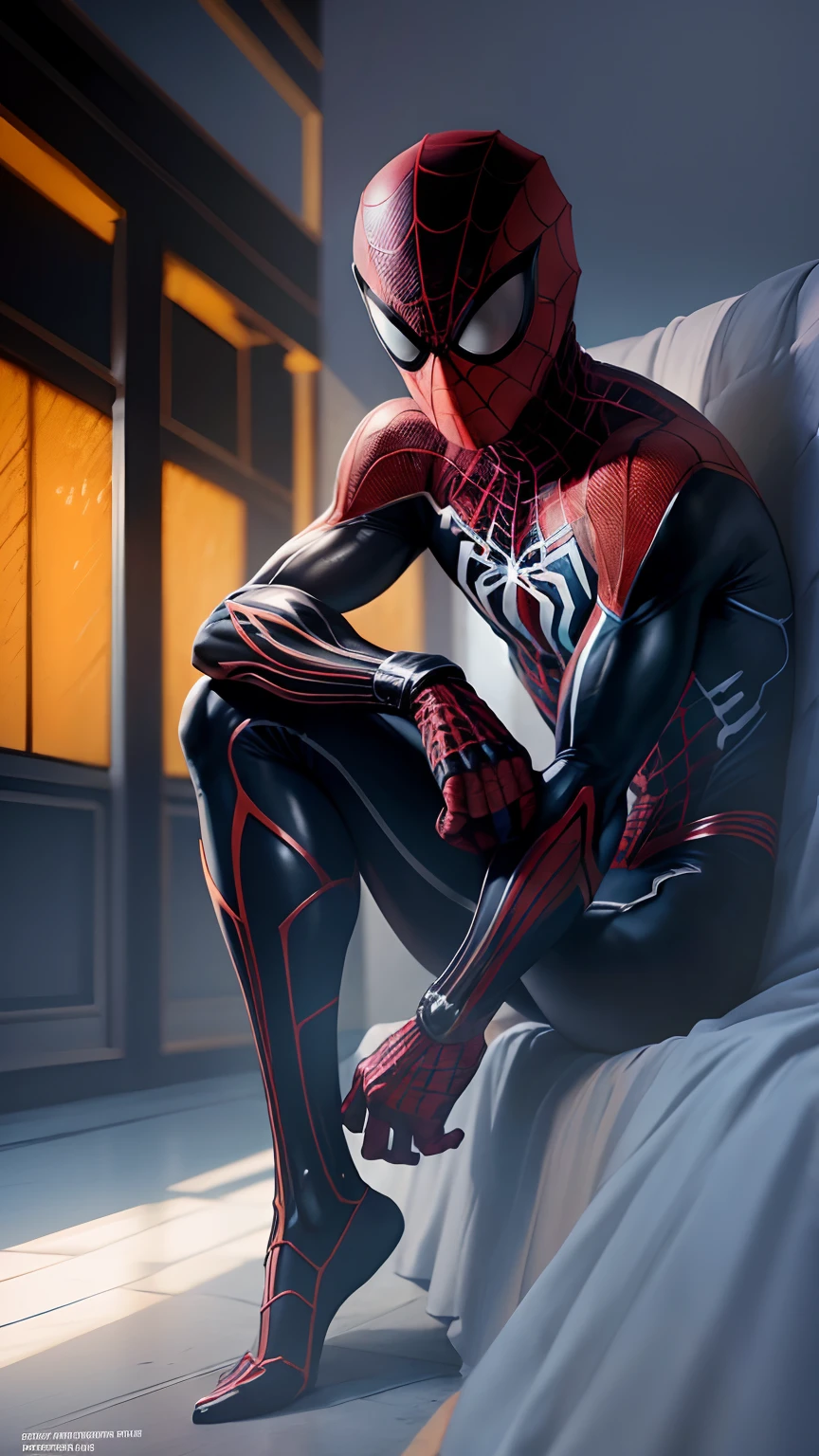 (Extremo detalhe CG Unity 8K Wallpapers,tmasterpiece,A mais alta qualidade de imagem),(Luz e sombra delicadas,The picture is highly dramatic,cinematic lens effect),corpo inteiroesbian,Uma em um vestido curto do Homem-Aranha, Cor do cabelo,Do universo paralelo do Homem-Aranha,Wenger,maravilha,Spidey,sitting on couch,dynamicposes),(Detalhe excepcional,The lighting effect is outstanding,Vista grande angular),(excellent rendering,Enough to stand out from the crowd),The focus is on the Spider-Man costume,Texturas complexas de aranhas