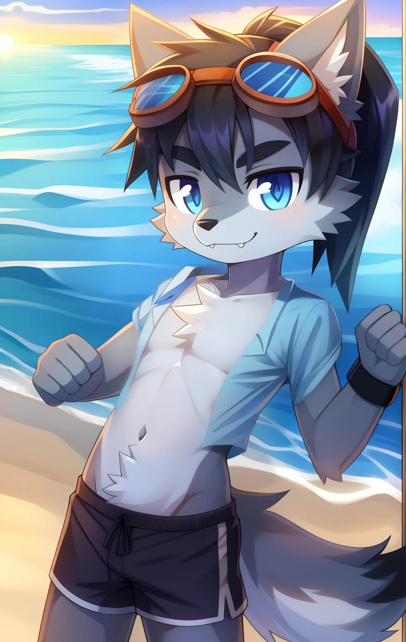Blue hawaiian shirt, open clothes,
