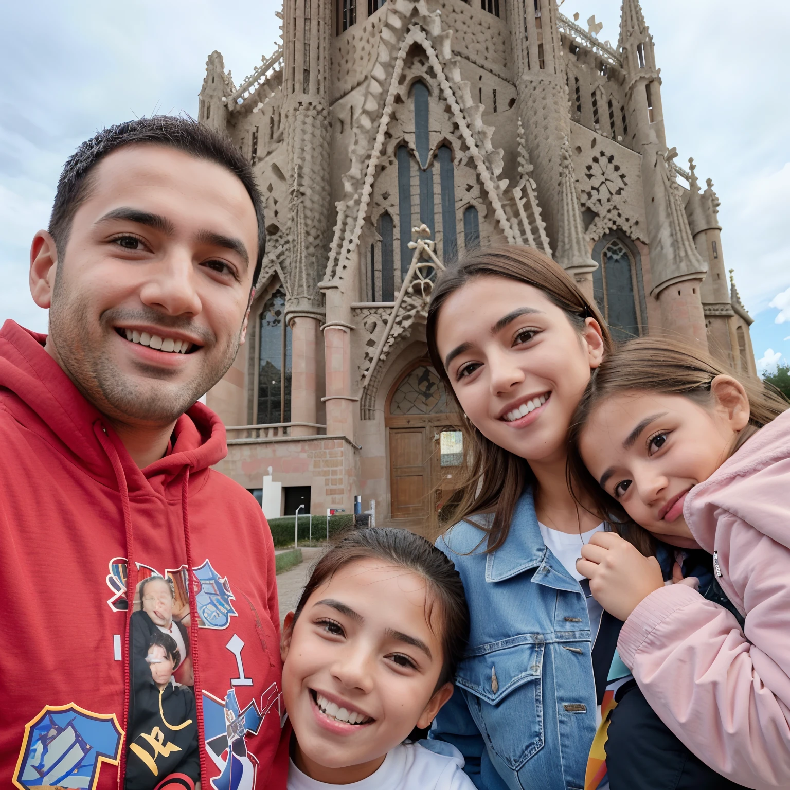 Arafed family posing for photo in front of church, em barcelona, Gaudí Sagrada Familia, Antoni Gaudí, 2 0 1 9, Catedral ao fundo, 2019, Em Espanha, catedral!!!!!, Directed by: Luis Molinari, Directed by: Viktor Oliva, por Gaudi, Directed by: Luis Miranda, divertindo-se