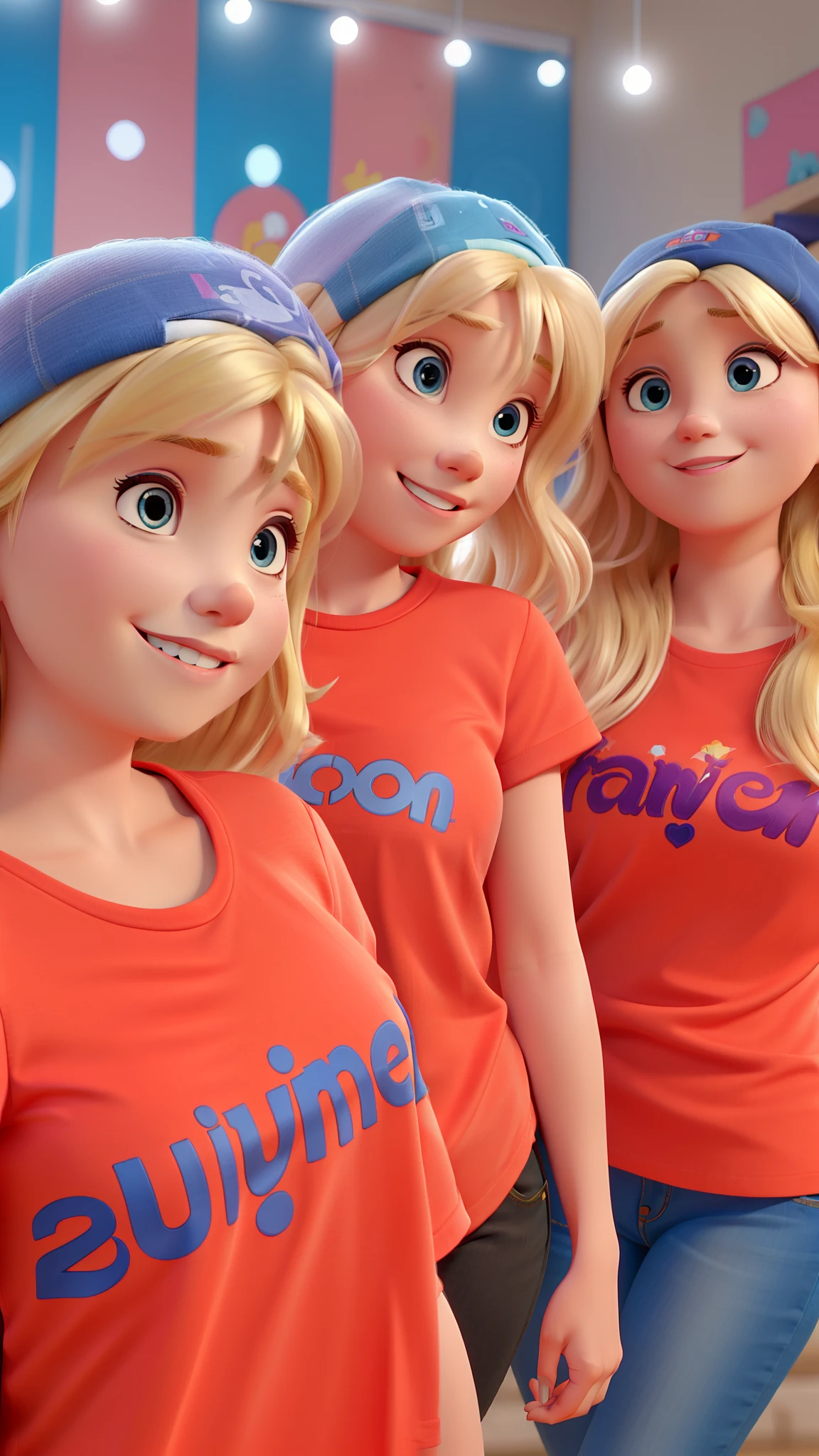 Three Blonde Women With T-Shirt Written Mamamama Baby, estilo Disney Pixar, funco colorido