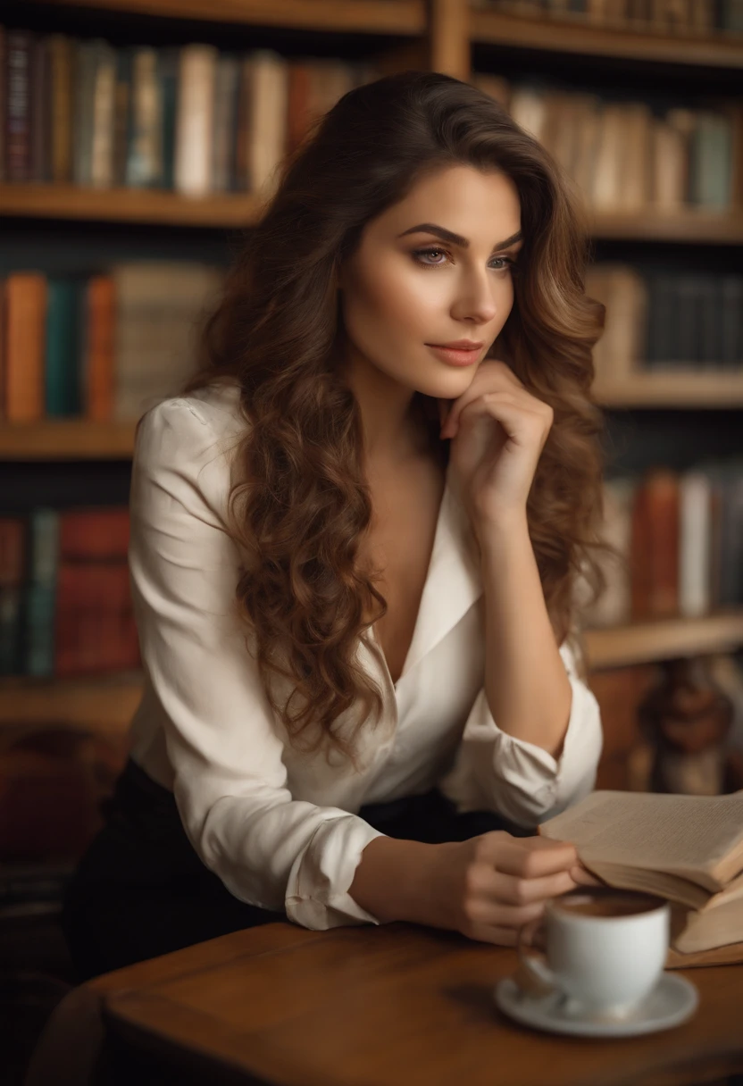Woman with delicate face, aredan, Italian features, very white skin, wavy hair, big light brown eyes with big light brown eyelashes, with pants with close blouse and leather jacket, sitting in a library full of books, reading with coffee on the table