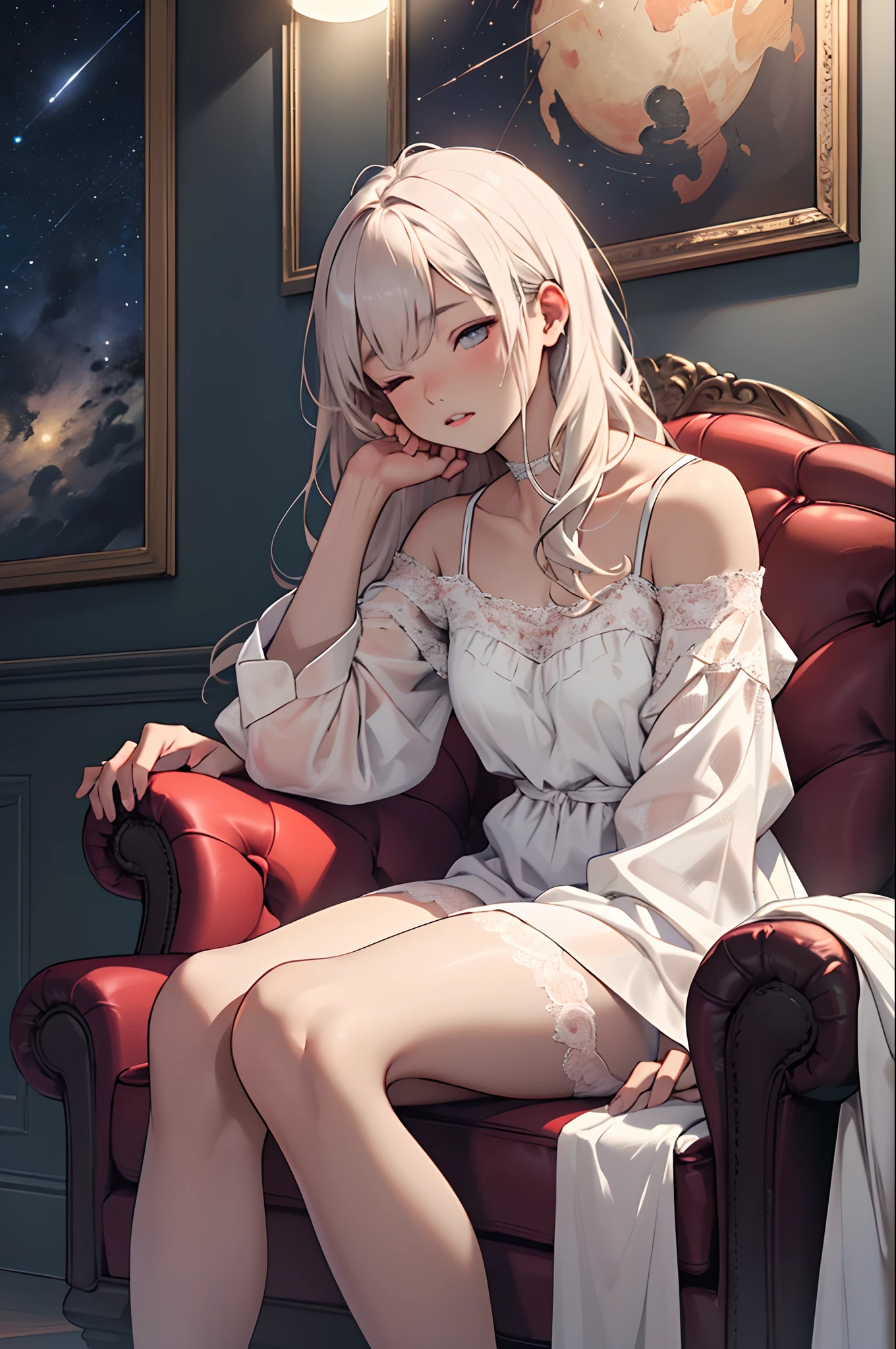 A young girl sitting on a plush red armchair in a dimly lit room. Her eyes are closed, and she appears to be in a deep state of hypnosis. The walls are adorned with stars and constellations, creating a surreal, celestial atmosphere. The girl's hair falls loosely over her shoulders, framing her pale face. One hand rests gently on her lap, while the other is raised slightly, as if she's feeling the rhythm of an unseen melody. She wears a delicate, lace-trimmed nightgown that billows around her legs, adding to the dreamlike quality of the scene. The room is almost completely dark, save for a small spotlight that shines on her face, casting soft shadows across her features. The girl seems unaware of her surroundings, lost in a trance-like state, her lips slightly parted, waiting for the next command.