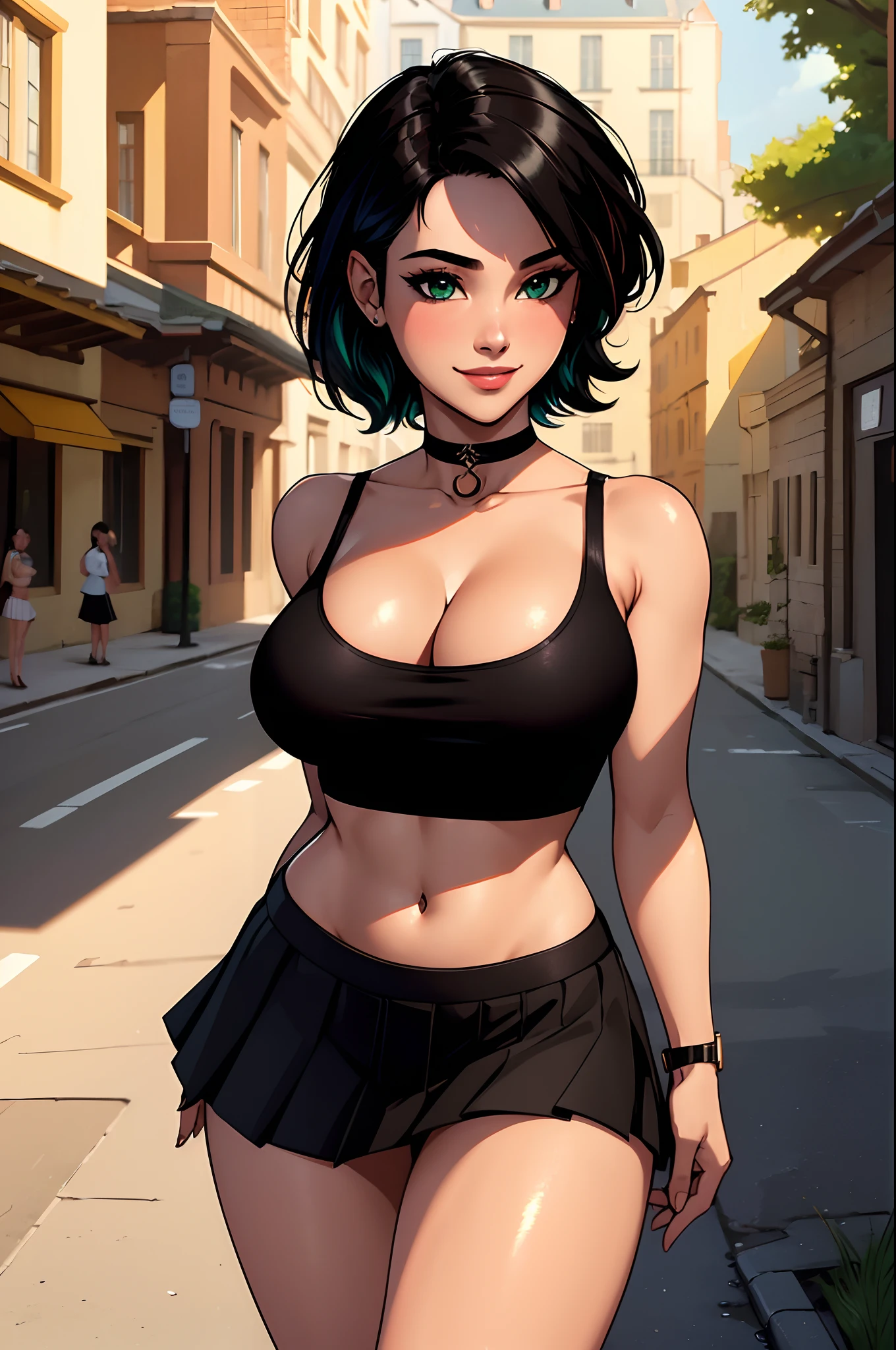 ((Masterpiece)), ((Best Quality)), Ultra High Resolution, HDR, absurderes, 8K, (1 girl), intricate details, ultra-detailed, dramatic lighting, blushing, smile, green eyes, short black hair, bob hair, black choker, crop top, (black tank top), (black pleated mini skirt), gorgeous girl, large breasts, cleavage, gorgeous body, vivid colors, full body view, sharp focus, detailed illustration, detail background, outdoors, depth of field, shy, feminine, professional artwork, standing up