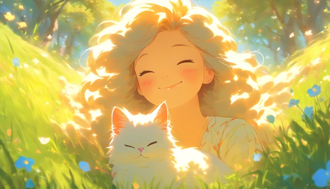 Full body background shot of a beautiful girl and her cat in a park, bathed in the warm glow of the sun. [Oil painting, Vivid colors, A high resolution, Ultra-detailed] The girl has long flowing hair hanging down from her back, She wore a vibrant floral dress，Reflects the color of the blooming flowers around her. As she gently strokes her，She had a gentle smile on her face, It's a fluffy one, White Persian cat，Has striking blue eyes. The cat sat contentedly in her arms, Enjoy the tranquil atmosphere of the park. The park itself is full of lush green grass, Towering trees, and blooming colorful flowers. The sky overhead was clear, Bright blue, Fluffy white clouds drifted softly. sunlight filtering through the trees, Create beautiful mottled patterns on the girl's hair and grass. The scene is filled with tranquility and the joy of being surrounded by nature.