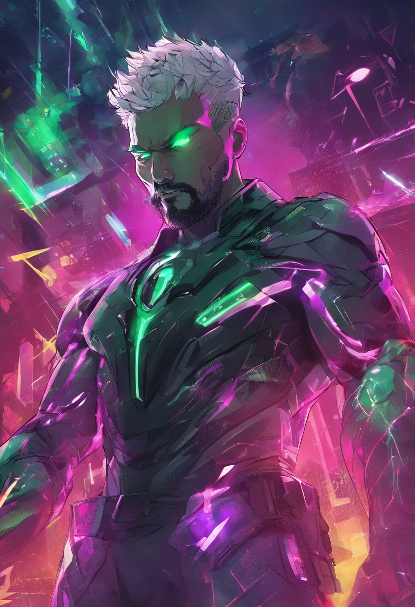 homem branco, shaved head, loiro, olhos verdes, medium beard, bigode em pose de luta com poderes neon iridescentes brilhantes usando um uniforme todo preto e roxo e branco com raios eletricos neon roxos atras dele, Voando e seu cabelo fluindo, photographic lighting, UHD, 4k, Motor irreal, Marvel Posters, Super poderes, fiction, voando