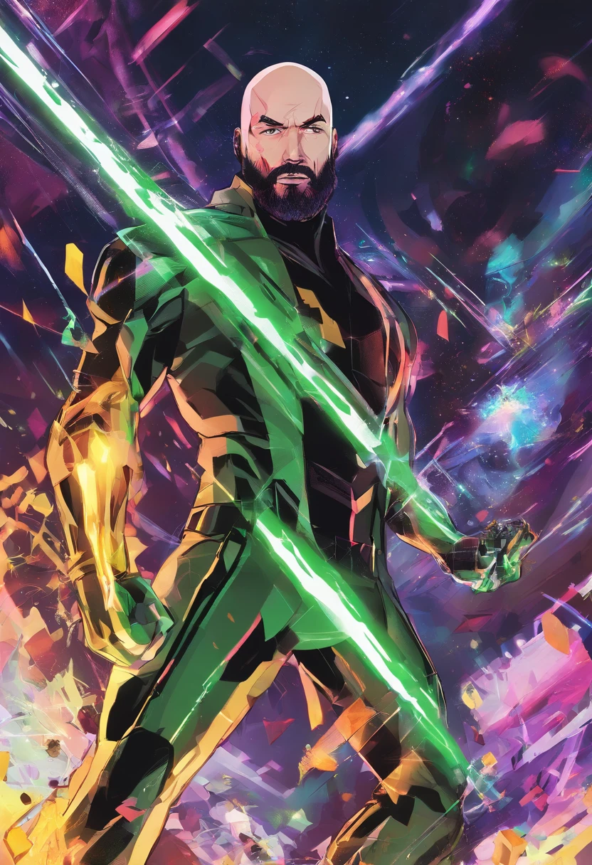 homem branco, shaved head, loiro, olhos verdes, medium beard, bigode em pose de luta com poderes neon iridescentes brilhantes usando um uniforme todo preto e roxo e branco com raios eletricos neon roxos atras dele, Voando e seu cabelo fluindo, photographic lighting, UHD, 4k, Motor irreal, Marvel Posters, Super poderes, fiction, voando