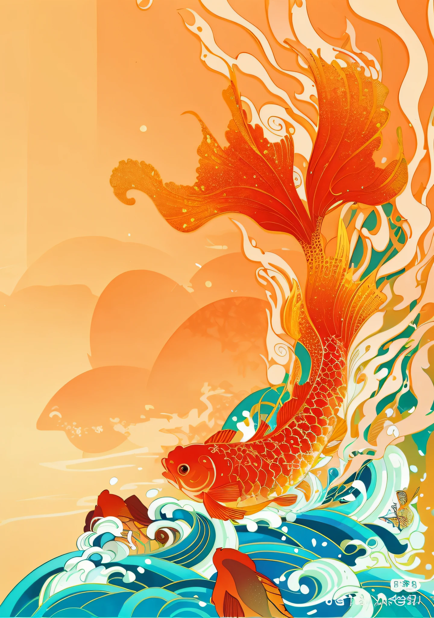 There was a carp swimming in the water, A beautiful artwork illustration, an illustration of inspired by Victo Ngai, victo ngai style, victo ngai fine texture, botticelli and victo ngai, victo ngai! pastel colour, Chinese style painting, Japanese style painting, victo ngai and surrealism, koi fishes