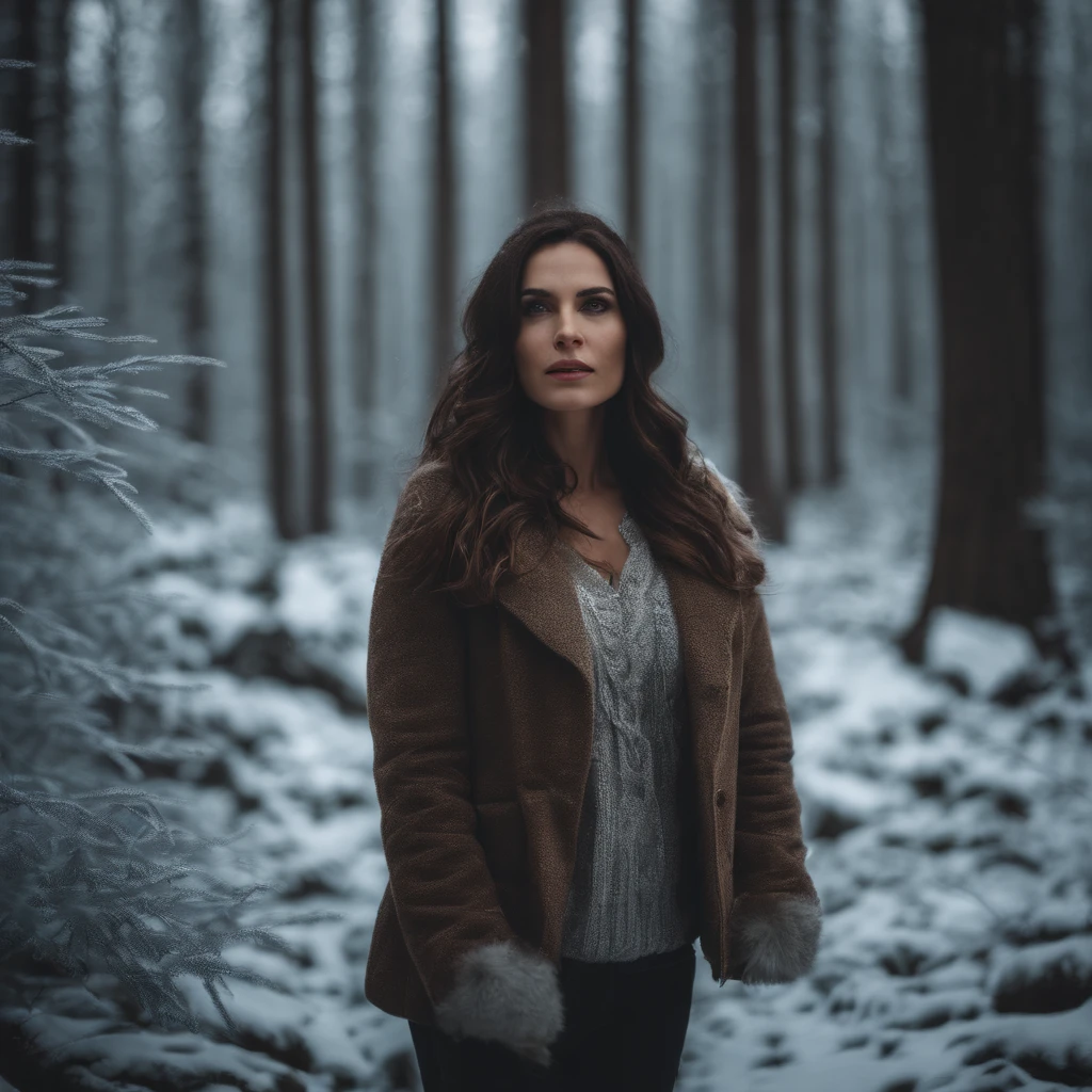Identical brunette woman to photo in icy forest,com um lobo, vestindo uma roupa bonita e leve, selvagem