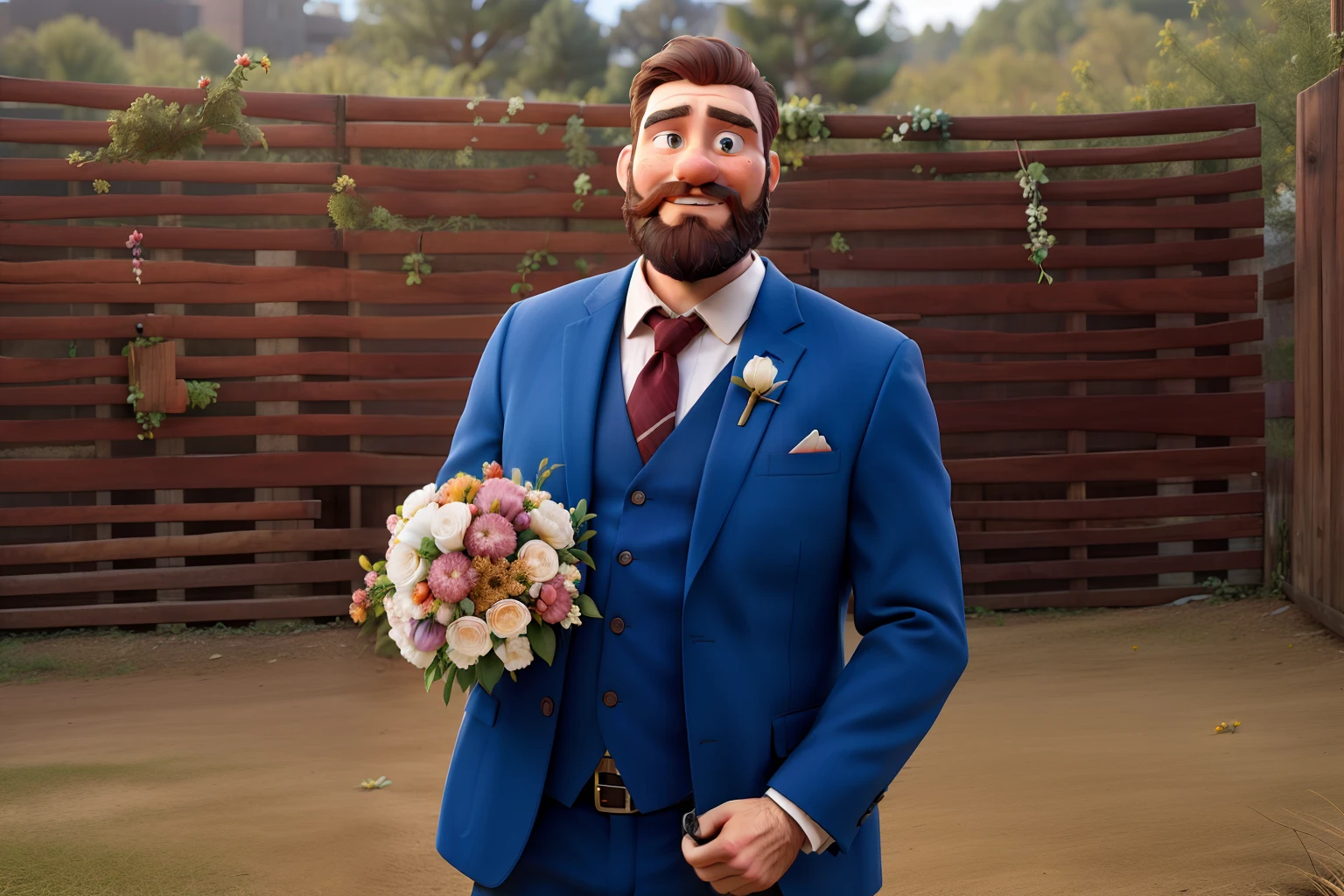Bearded man in suit holding a bouquet of flowers, in a site environment against the background of a wooden wall
