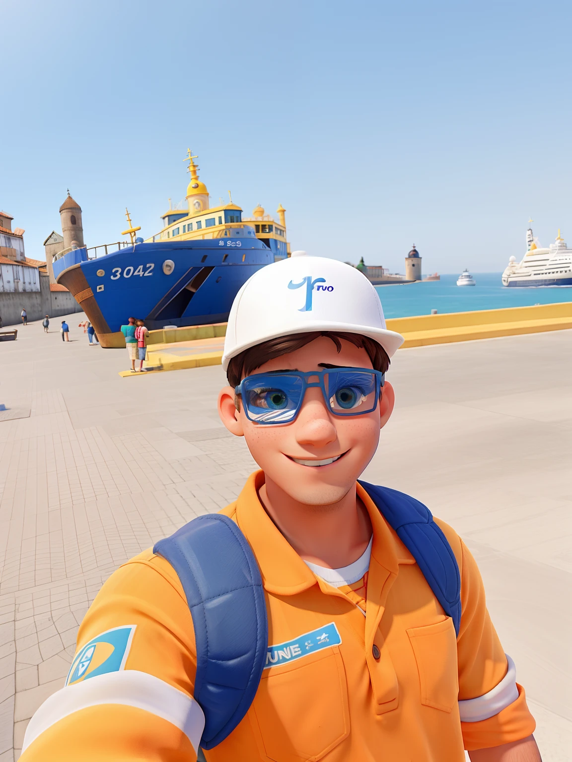 Um jovem num porto com rebocadores amarelo e azul no fundo.