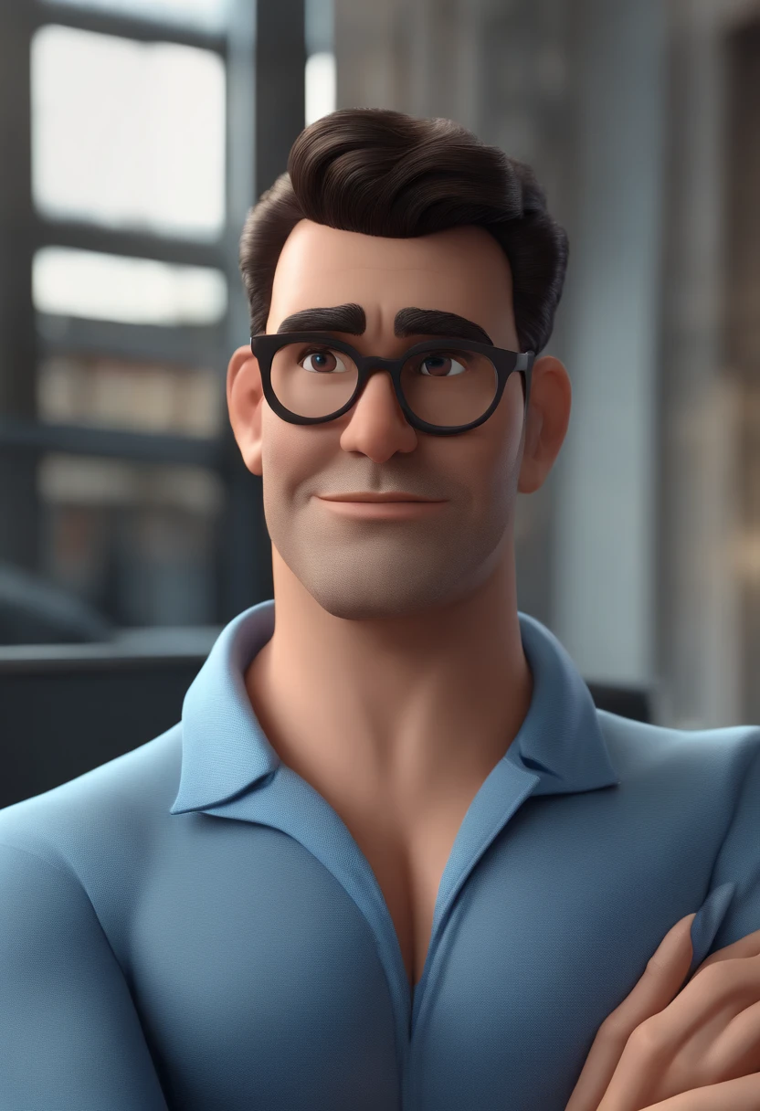 Cartoon character of a man with black glasses and a blue shirt, animation character, Caractere estilizado, animation style rendering, 3D estilizado, Arnold Maya render, 3 d render stylized, toon render keyshot, Personagem 3D, Personagem 3D, 3d rendering stylized, 3 d character render, personagem de desenho animado, Personagem de close up, Pose de personagem,  (Estilo Pixar) (master part:1.2) (Bokeh) (best quality) (pele detalhada) (textura detalhada) (8k) (argila) (Cinematic lighting) (foco nítido