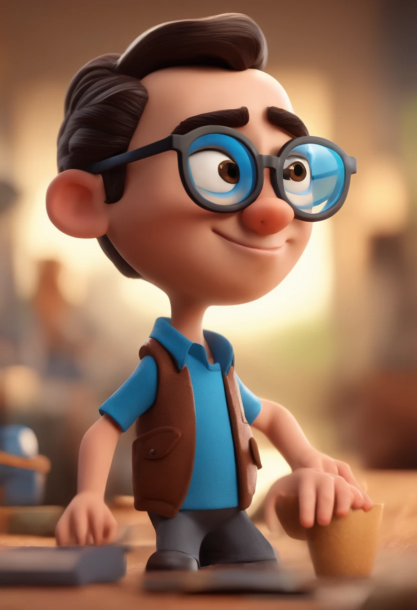 Cartoon character of a man with black glasses and a blue shirt, animation character, Caractere estilizado, animation style rendering, 3D estilizado, Arnold Maya render, 3 d render stylized, toon render keyshot, Personagem 3D, Personagem 3D, 3d rendering stylized, 3 d character render, personagem de desenho animado, Personagem de close up, Pose de personagem,  (Estilo Pixar) (master part:1.2) (Bokeh) (best quality) (pele detalhada) (textura detalhada) (8k) (argila) (Cinematic lighting) (foco nítido