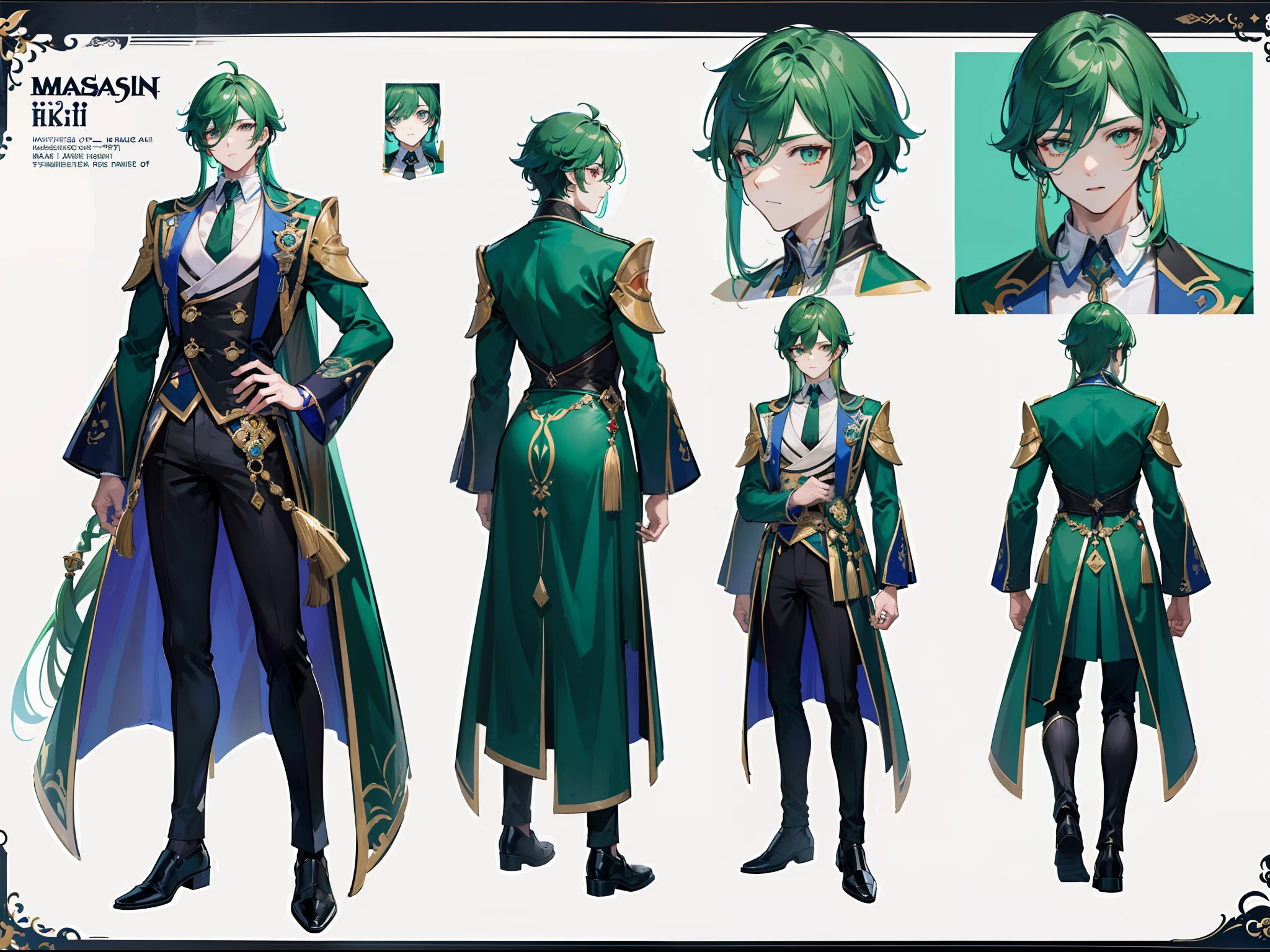 1 Solo men, anime illustration, refsheet, turnaround, boy, anime styled, character design, 2d, tall, wear loose tunic and pants, black and green, white skin, green hair, green eyes, blue eyeackground