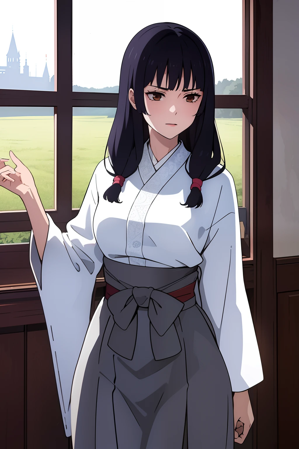 Masterpiece, ((Ultra detailed backgrounds, Delicate pattern, intricately details)), (Highly detailed, Fine details), Best quality, Beautiful lighting, ((Medium breasts, Slim girl)), Udohime, 1girll, Solo, Black hair, Long hair, Brown eyes, Japanese clothes, double tails, miko, Blunt bangs, red  hakama, complex detailed background, inside, castle room environment, a medieval castle, grey wall, window, bookshelf, (Cowboy shot),