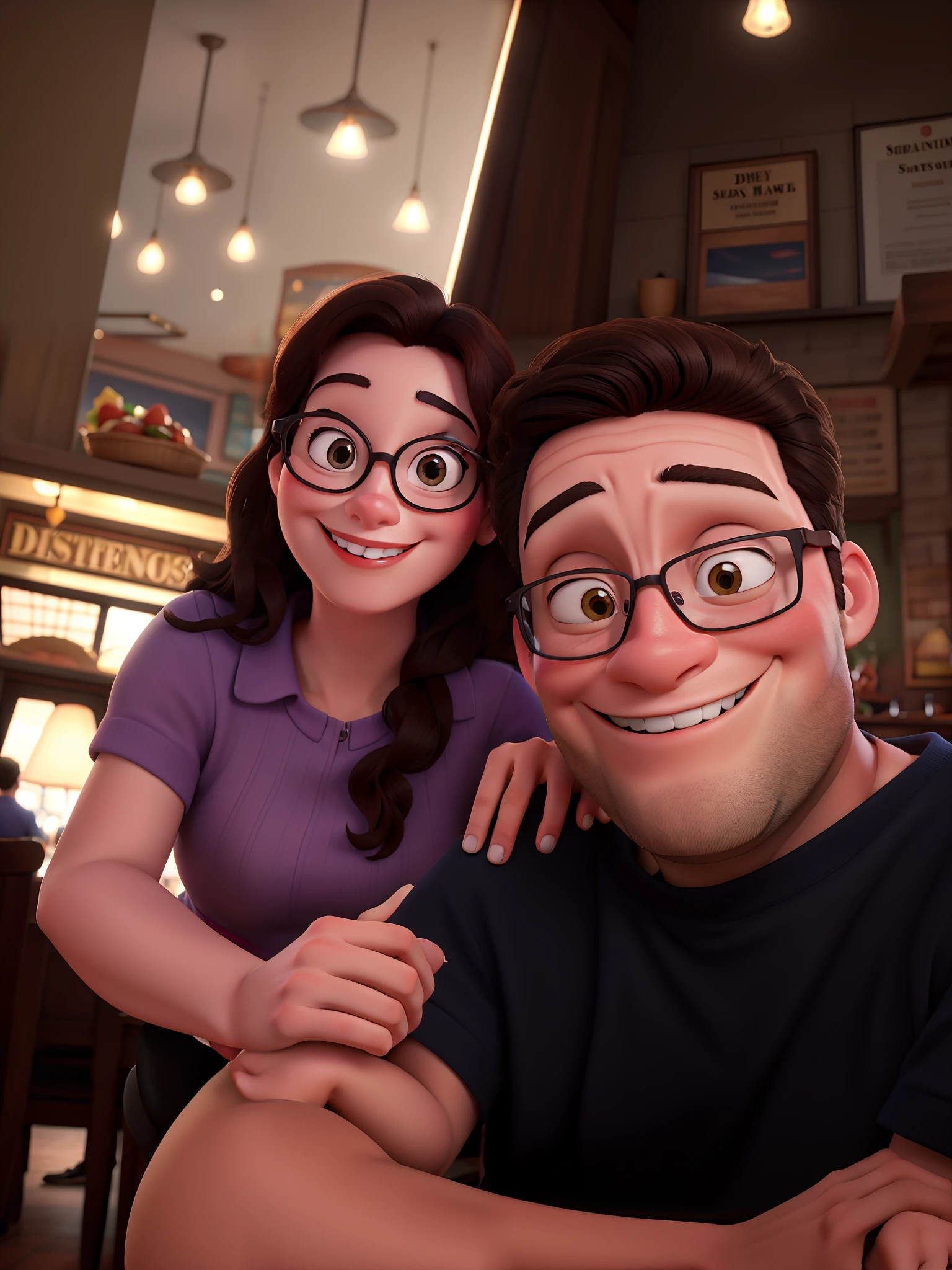 Disney Style Couple With Glasses Smiling In Restaurant.