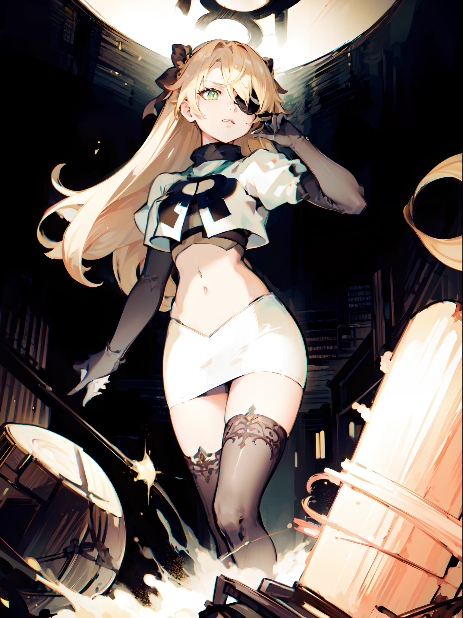 fischl (genshin impact), green eyes, (white pupils:1.2), fischl (genshin impact), medium_breasts, blonde hair, eyepatch, long hair,hair over one eye,1girl,team rocket,team rocket uniform,white skirt,crop top,black thigh-highs,black elbow gloves,