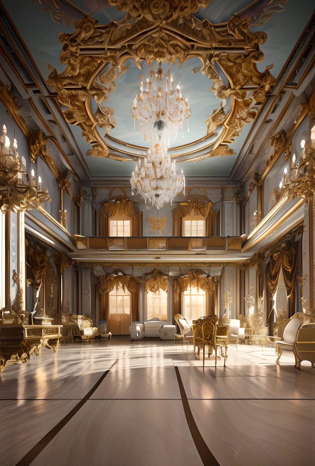 there is a large room with a chandelier and a ceiling, an abandoned rococo salon, inside a palace, inside a grand ornate room, unreal engine 5 render dramatic, hdr render in unreal engine 5, detailed unreal engine 5 render, made in unreal engine 5, rendered in unreal engine 5, unreal engine 5 quality render, rococo architecture, render in unreal engine 5