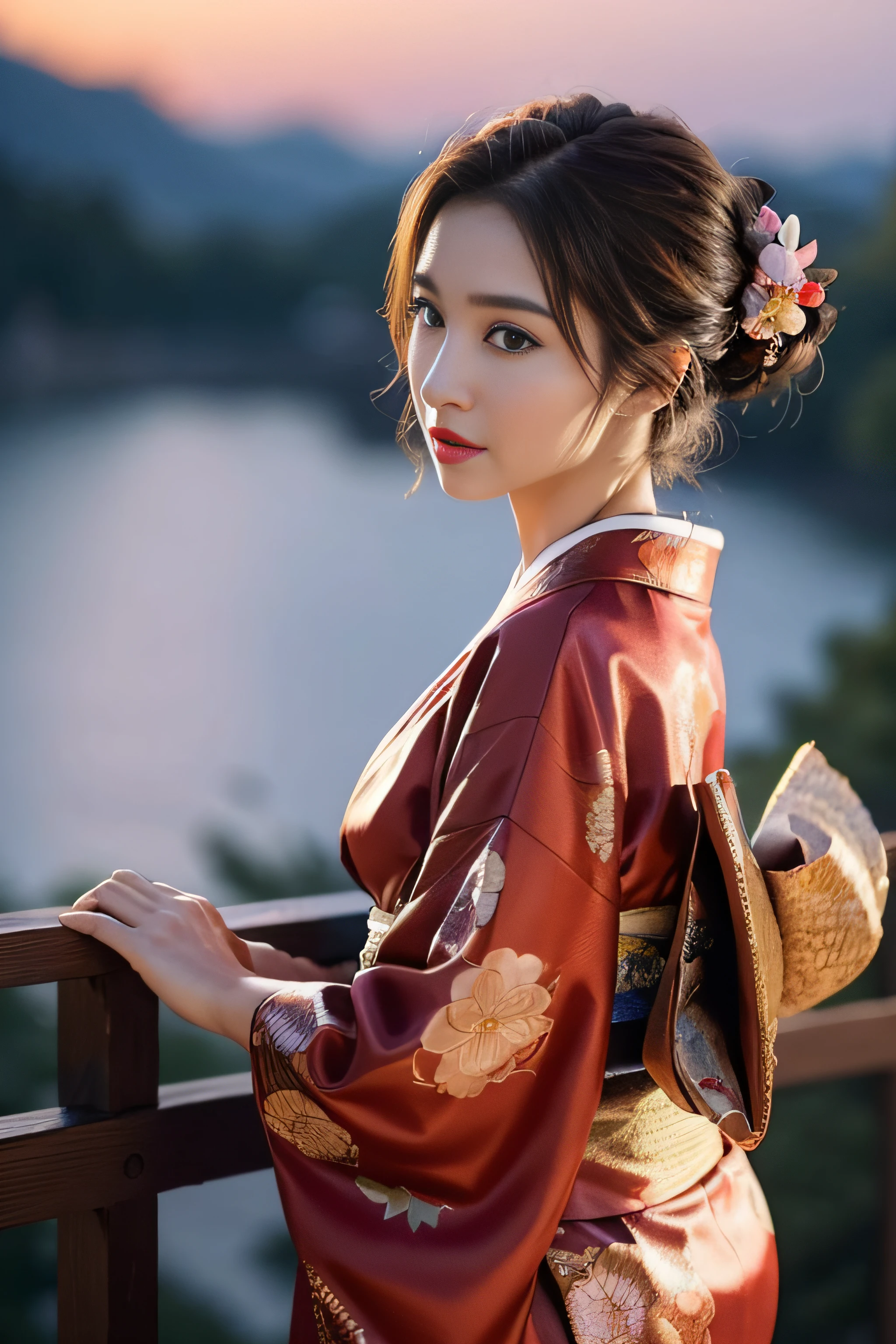 1womanl、(Super beautiful)、(beauitful face:1.5)、(A detailed face)、Early 30s、(Kimono)、Wearing heavy makeup、(red-lips)、Brown hair、(Immediately after sunset:1.2)、(Back lighting)、A scent that can't be hidden、Before you know it, It's ingrained in you、If someone takes you, I want to kill you、Sleep in a hideout、Winding Slope、Joren Falls、soar、shake off、Passing through the dazzling flames、mont. Amagi I want to climb with you、At SFW
