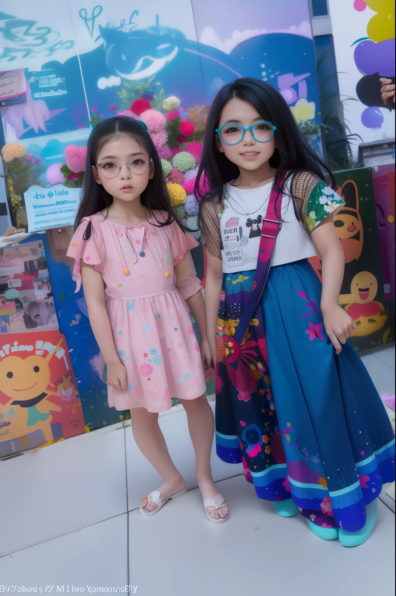 Two girls in colorful dresses and glasses in front of a wall, Looks doces, estilo meninas powerpuff, slide show, modelagem para dulce e gabanna, estilo disney, saias em camadas, inspirado em Pacita Abad, childrens, olhar dos desenhos animados, estilo de personagem disney, Desfile de modas, Beautiful girls, sempre depois da alta, meninas fofas, 36864k filme