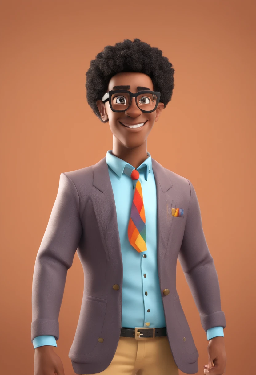 criar uma imagem estilo pixar, sou moreno claro, sexo masculino, pouco acima do peso, I wear glasses, tenho formato do rosto oval, sobrancelhas grossas, cabelo crespo(afro) cortados bem baixinho, olhos pequenos da cor castanho escuro, boca pequena, cara de nerd, vestido de terno e tocando saxofone tenor