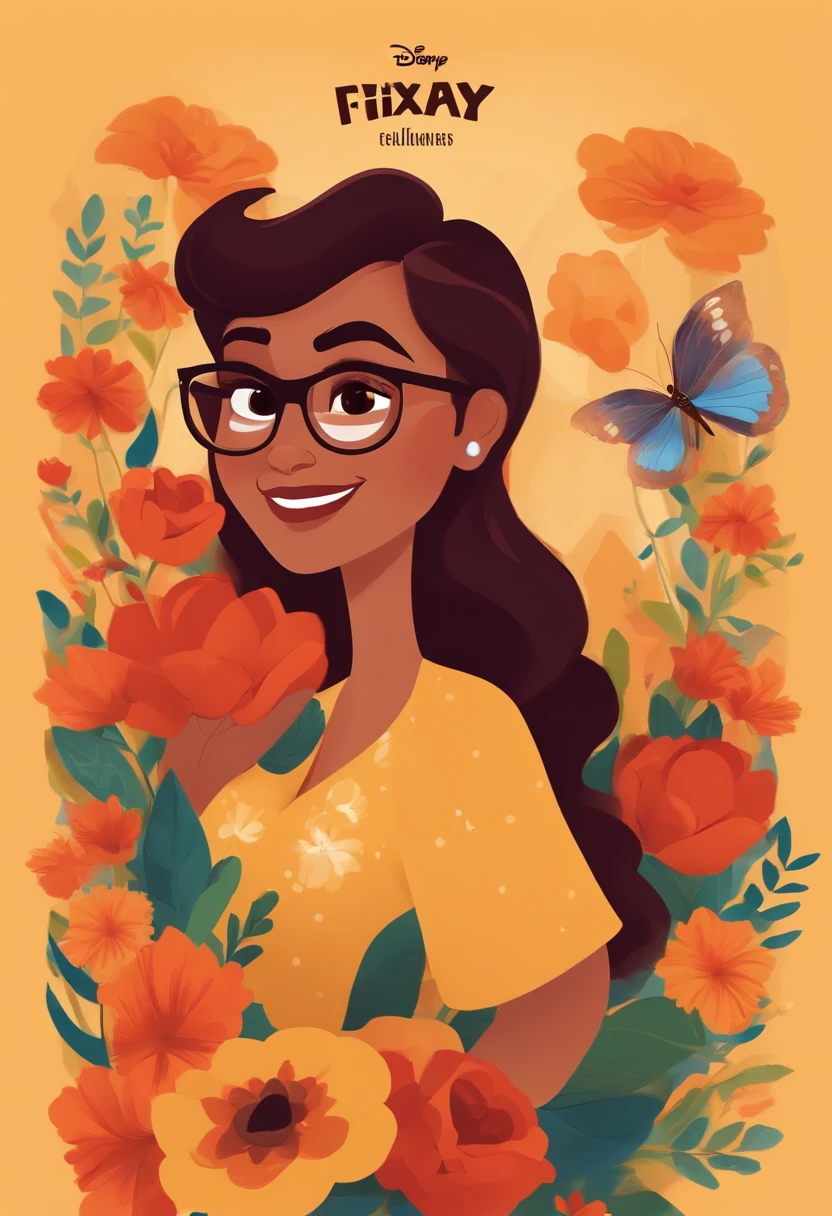 Create a Pixar-style poster titled 'The Tobias' She's a brunette, cabelos cacheados na altura dos ombros, sorridente, usando um vestido, And he's a media mulatto , wearing glasses and suit, smiling against a floral backdrop with vibrant Disney Pixar colors and textures with a couple. arte digital deve evocar o estilo da Pixar, Reminiscent of animated features. Focus on character expressions, cores vibrantes, e texturas altamente detalhadas
