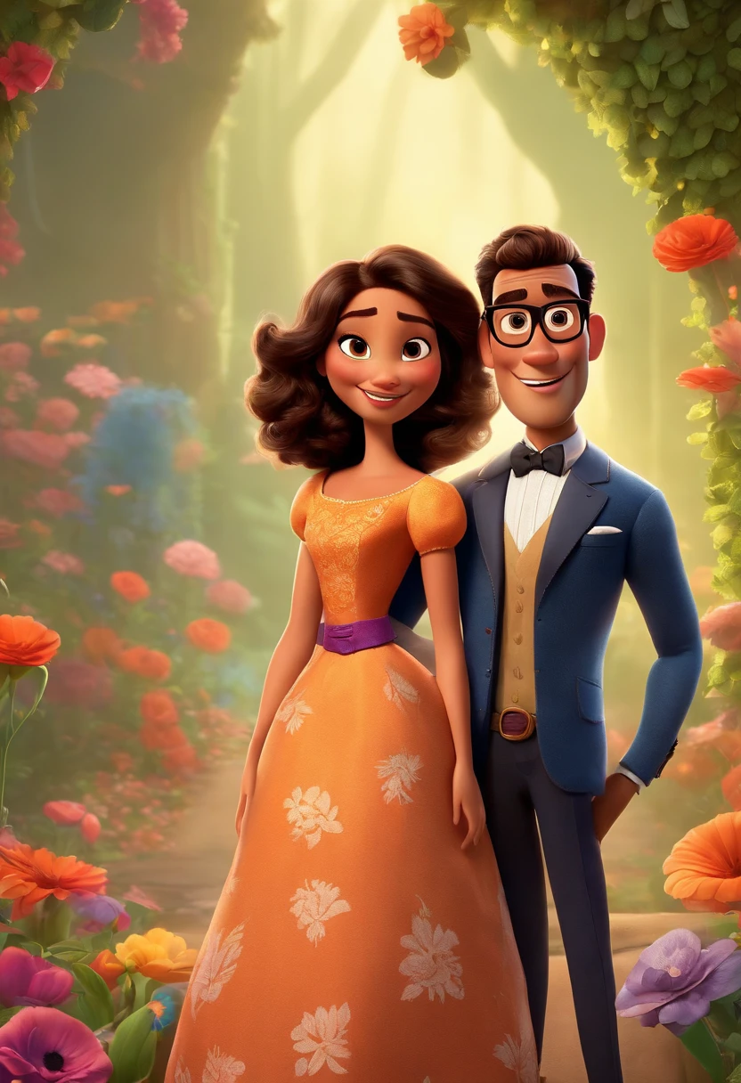 Create a Pixar-style poster titled 'The Tobias' She's a brunette, cabelos cacheados na altura dos ombros, sorridente, usando um vestido, And he's a media mulatto , wearing glasses and suit, smiling against a floral backdrop with vibrant Disney Pixar colors and textures with a couple. arte digital deve evocar o estilo da Pixar, Reminiscent of animated features. Focus on character expressions, cores vibrantes, e texturas altamente detalhadas