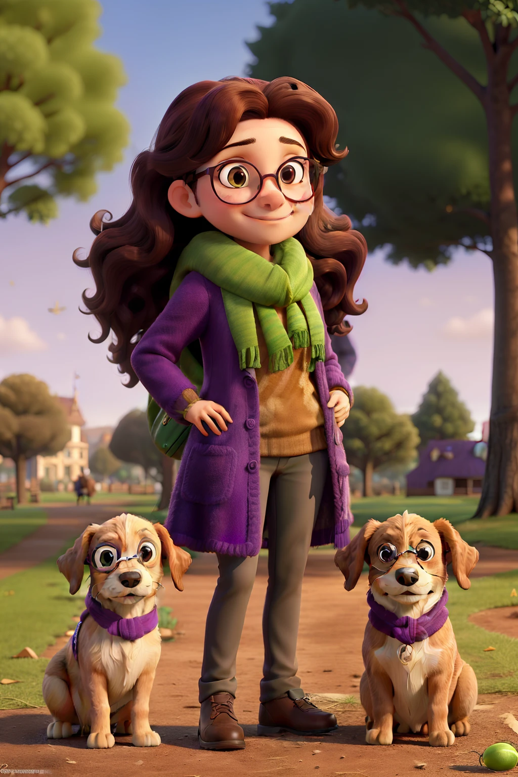 Obra-prima, de melhor qualidade, A girl with long curly brown hair in glasses and scarf, wearing a purple coat and green scarf, Standing in the park with a labrador puppy