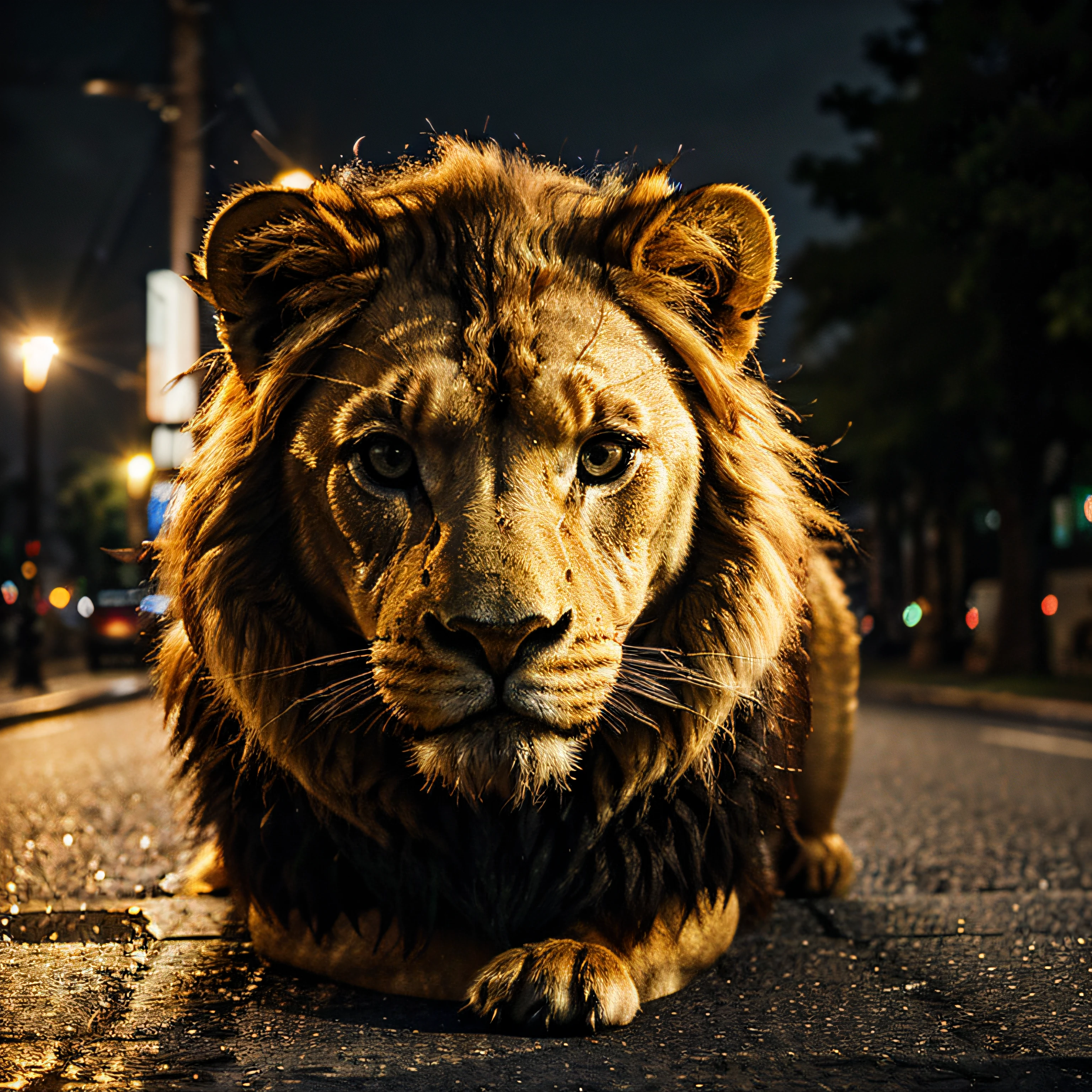 (a)golden lion in the middle of a road,(a)matte background,(slightly dim,street lights,matte lights),(best quality:1.2,ultra-detailed,realistic:1.37),(closed snout,round eyes),(vivid colors,soft lighting),(melancholy,sadness)