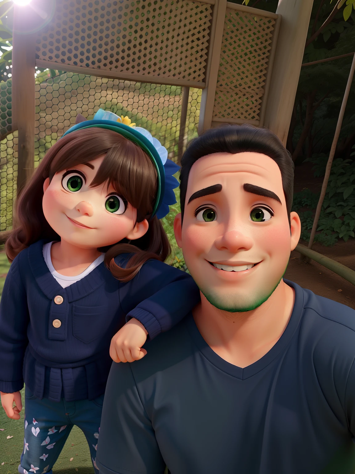 Um pai e uma filha de pousando para uma foto em um fundo em um parque bonito muito verde e um dia ensolarado