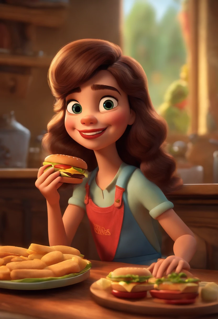 Make a Girl, She's hungry, como Disney Cartoon, She's eating hamburger, Pixar, ..3d, Disney