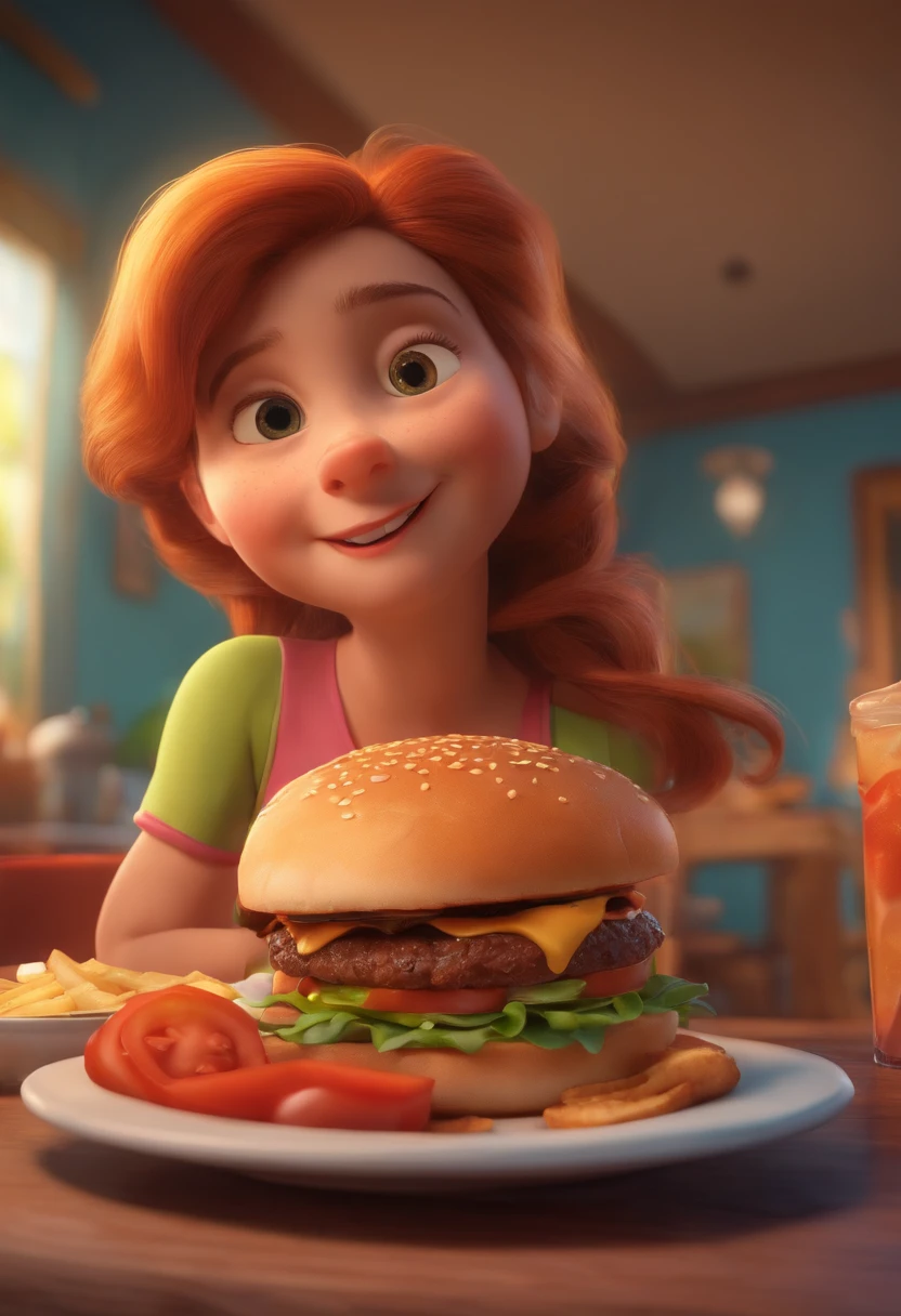 Make a Girl, She's hungry, como Disney Cartoon, She's eating hamburger, Pixar, ..3d, Disney