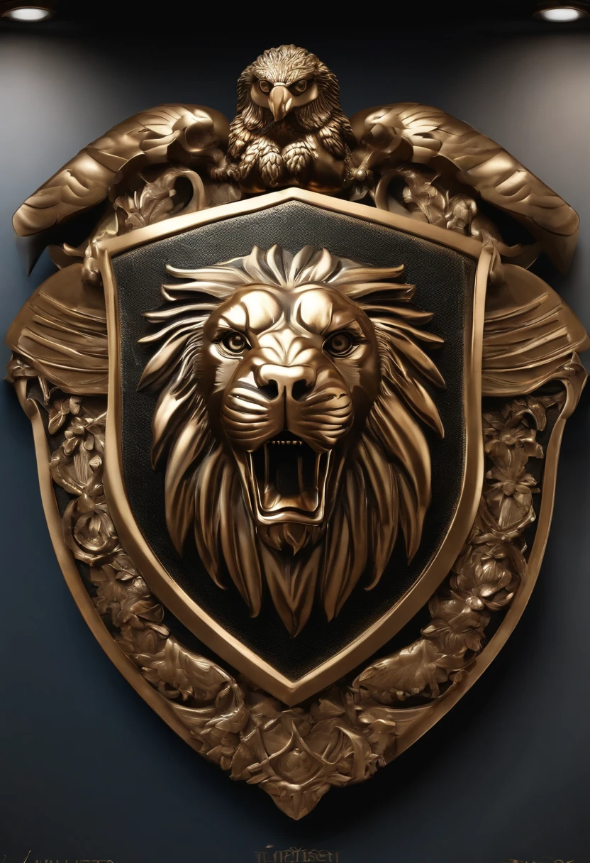 Shield style design art is made of metal, luxuoso, On the face of the shield there are eagles and lions, gravado com a palavra: UFC (United by the Strength of Christ) On the surface of the shield. 8k, altamente detalhado, em cores vermelho e preto