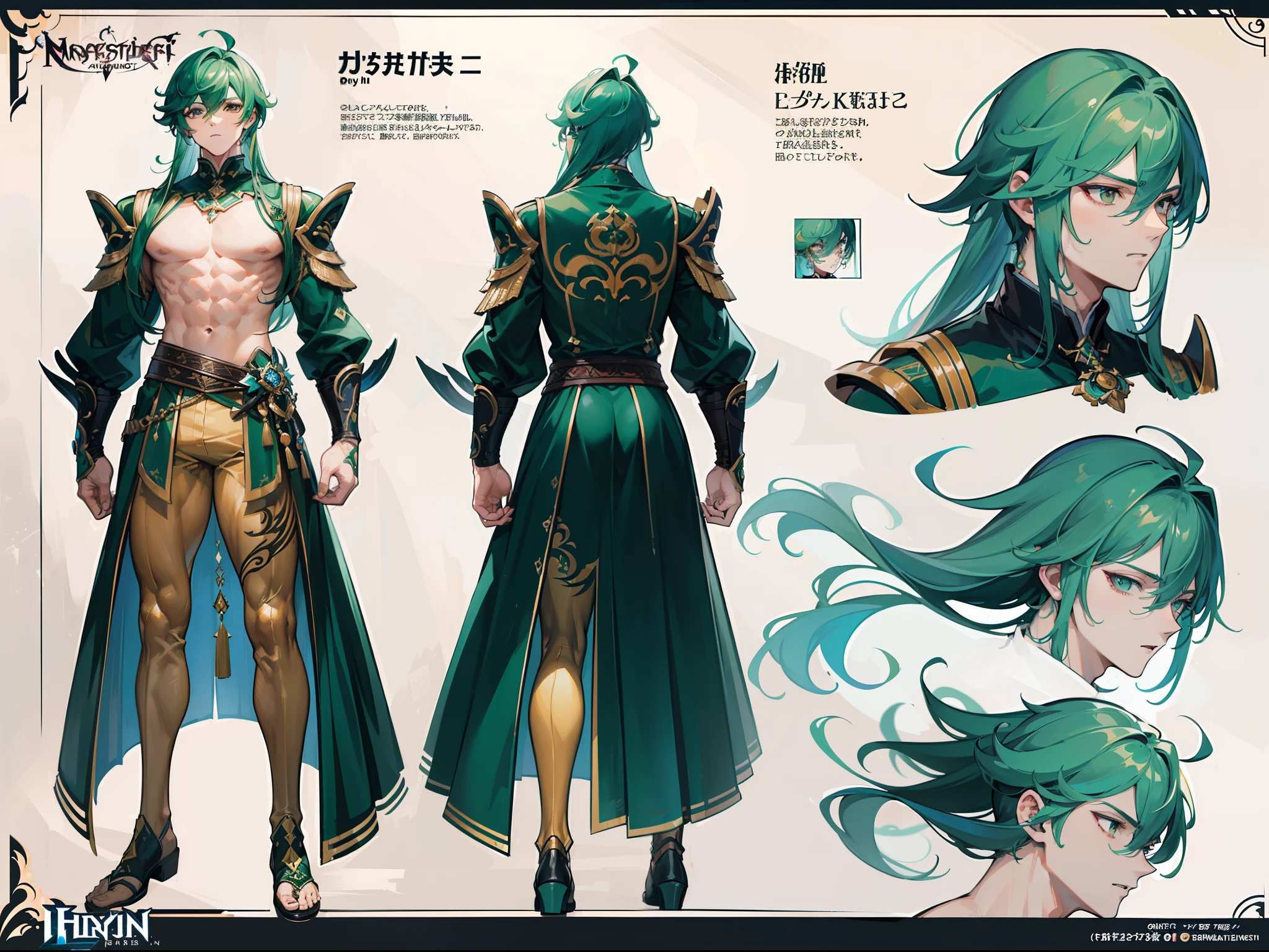 ((Masterpiece, Highest quality)), Male, boy, Detailed face, character design sheet， full bodyesbian, Full of details, frontal body view, back body view, Highly detailed, Depth, Many parts, Muscle boy with long green hair with long bangs，handsome man, muscle body, vampire outfit clothes, Genshin Impact, man tall