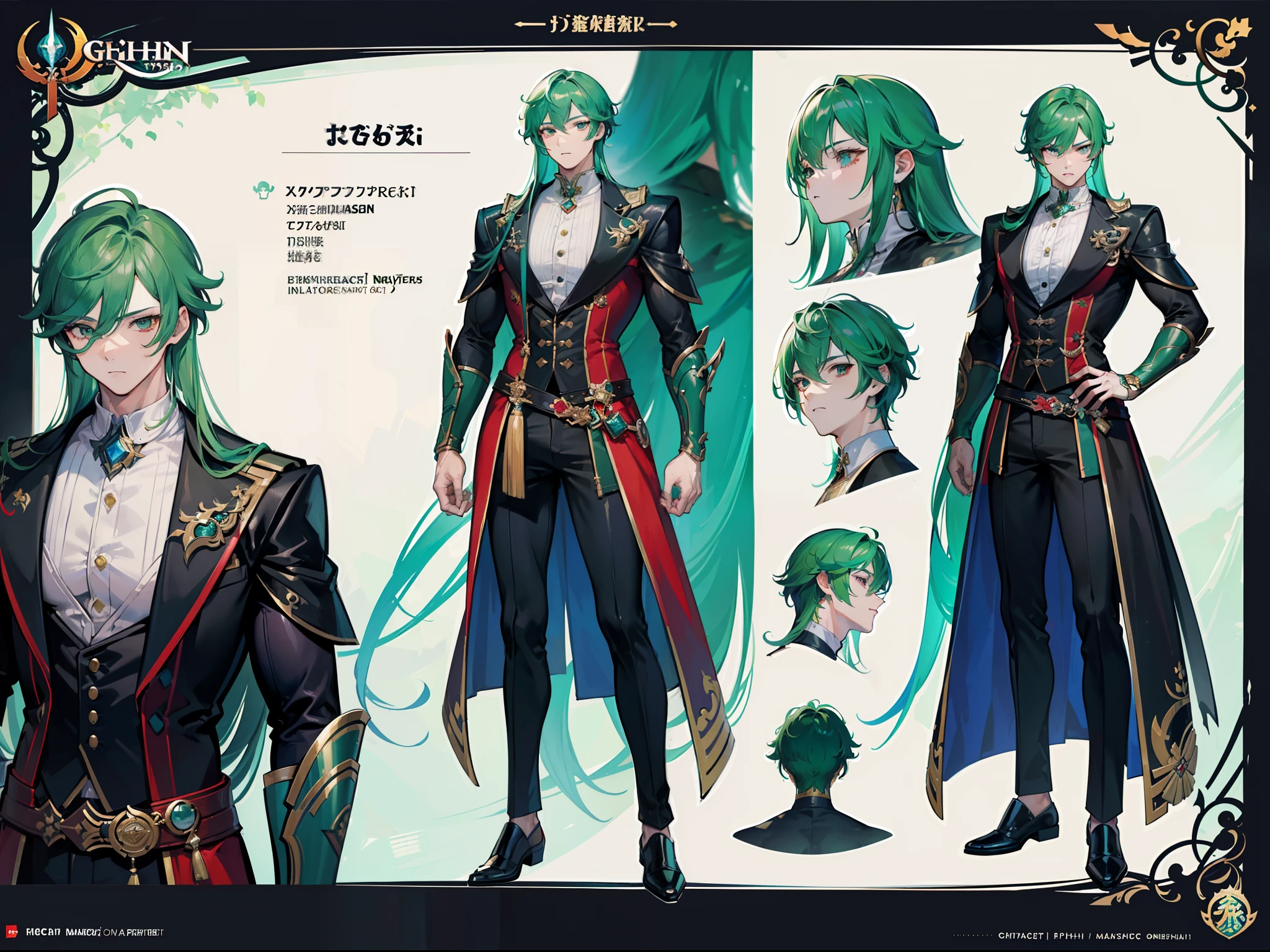 ((Masterpiece, Highest quality)), Male, boy, Detailed face, character design sheet, full bodyesbian, Full of details, frontal body view, back body view, Highly detailed, Depth, Many parts, Muscle boy with long green hair with long bangs,handsome man, muscle body, vampire outfit clothes, Genshin Impact, man tall