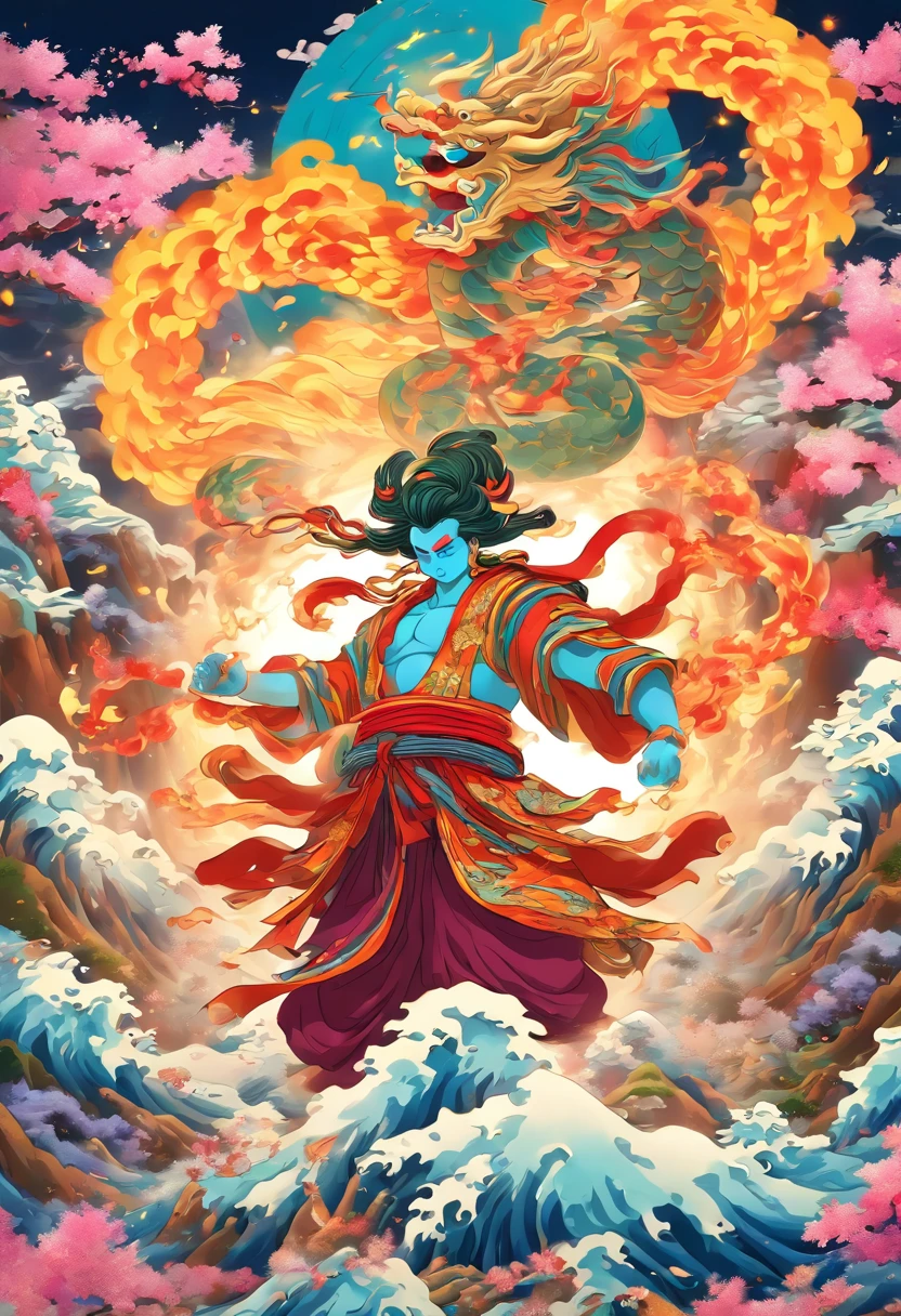 (((japanese god))) best quality, ultra-high resolution, CG detalhado 4K, piece of master,KAGUTSUCHI, Man, Roupas japonesas, vento, Chamas, smoke billowing,Mitologia japonesa, Japan, ((Next to the camera)), Shui Mo Hua, Estilo de pintura chinesa, Estilo Thangka, esthetic, Beautiful image, profundidade de campo, Imagem centralizada