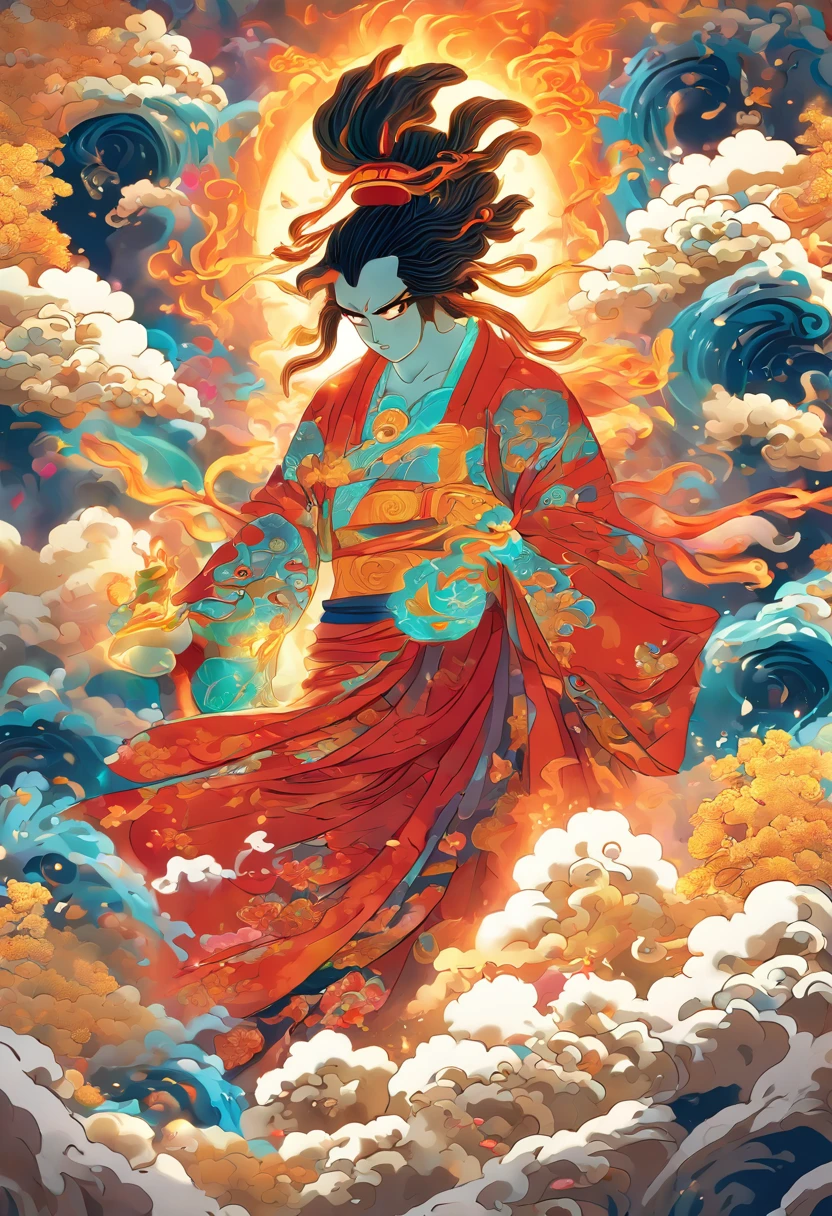 (((japanese god))) best quality, ultra-high resolution, CG detalhado 4K, piece of master,KAGUTSUCHI, Man, Roupas japonesas, vento, Chamas, smoke billowing,Mitologia japonesa, Japan, ((Next to the camera)), Shui Mo Hua, Estilo de pintura chinesa, Estilo Thangka, esthetic, Beautiful image, profundidade de campo, Imagem centralizada