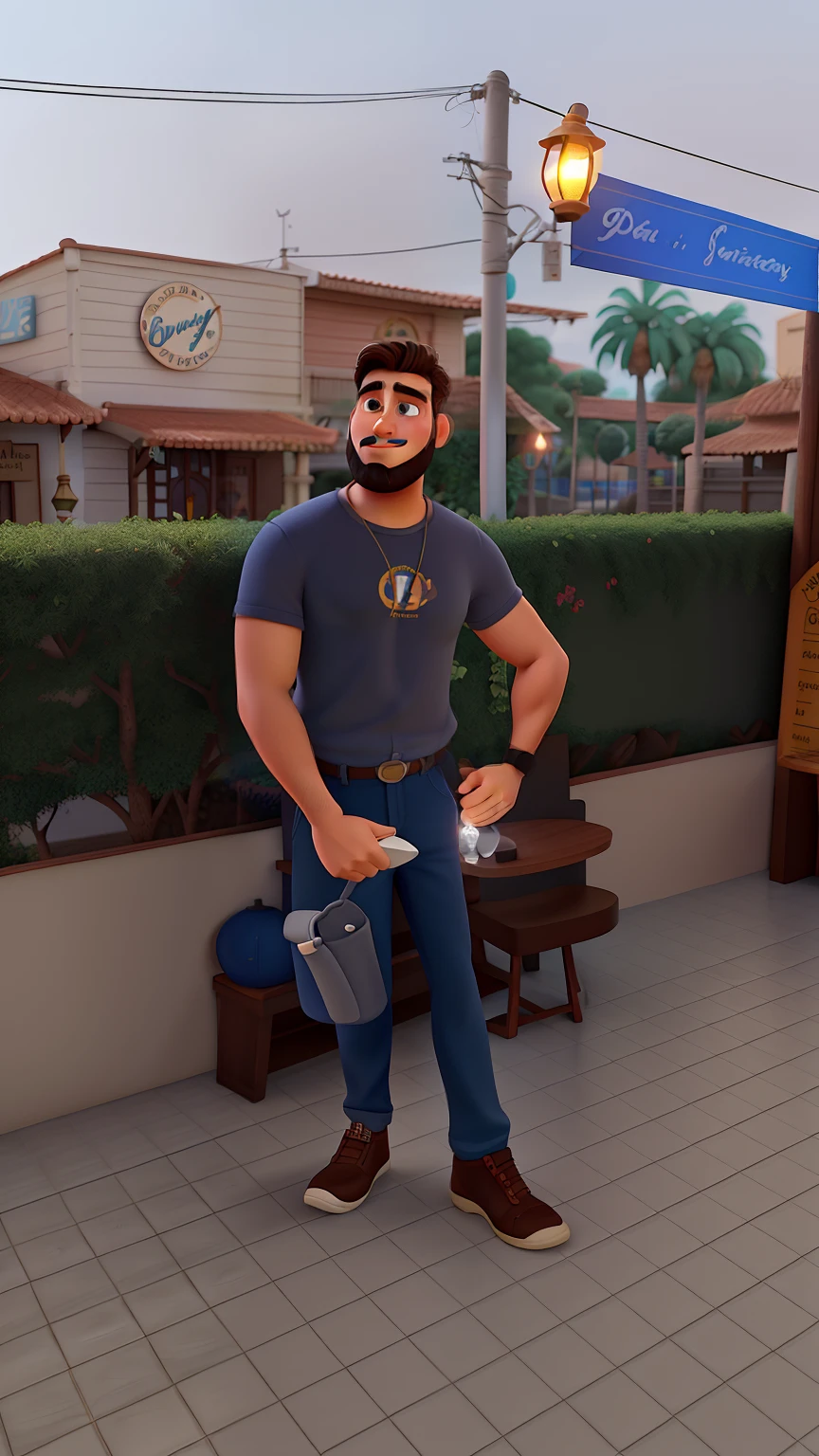 Poster no estilo Disney pixar, alta qualidade, melhor qualidade, homem sexy branco, 30 anos cabelo grisalho barba preta, musculoso, com fundo em um restaurante a luz de velas