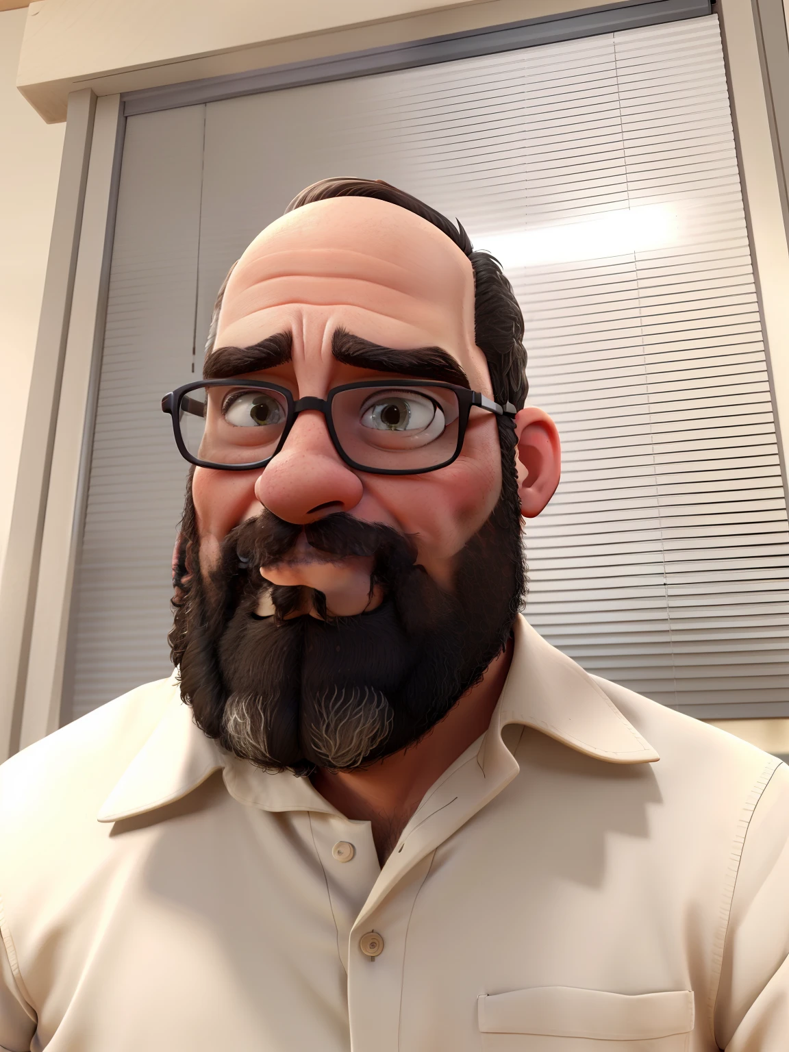 Smiling bald man with glasses and beard in a tanned shirt, 3d render artist, rosto realisticamente renderizado, Homem de pele marrom com um sorriso gigante, Personagem 3d realista, barba grossa altamente detalhada, 3 d demo carretel avatar, Personagem altamente detalhado, photorealistic facial features, retrato de personagem de closeup, filme realista ainda, pixar retrato 8 k foto, como um personagem de gtav