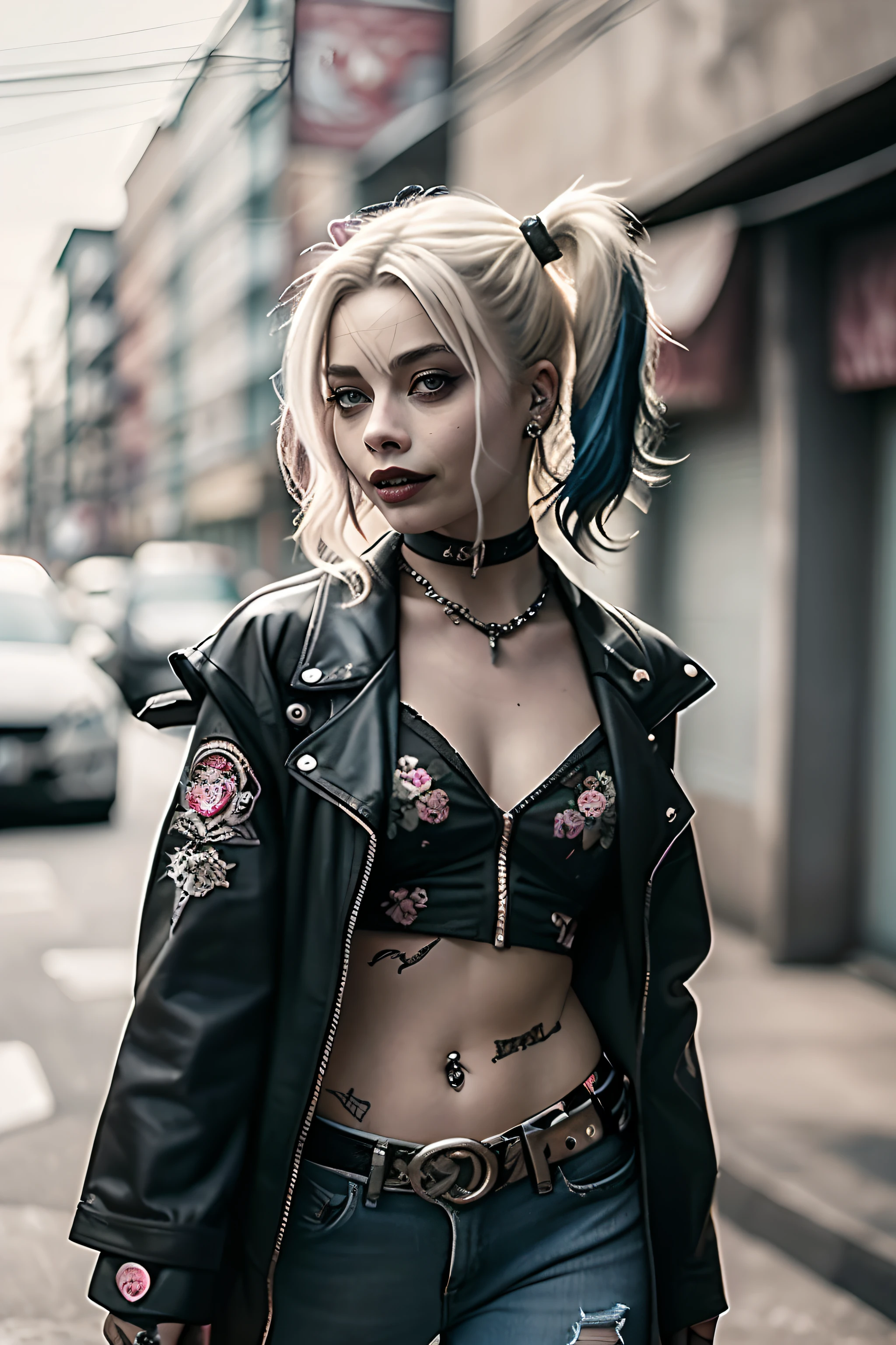 ((Margot Robbie como Harley Quinn como Garota Punk)), (Margor Robbbie), emo,sorriso, (rindo), Tosaka、Se mangas, lo gothic punk, 1girl em, solo, medium shot, ((durante a noite)), bokeh dof, Neon light, olhos iridescentes, starly sky, cabelos loiros com mechas rosa e azul ao estilo Harley Quinn, Sobrancelhas pretas, Cabelos radiantes, brinco, franja, joias, Bluntbangs, Backround desfocado, borrado, adornos de cabelo, pearsing, Olhe para os espectadores, retratos,、lo gothic、(masutepiece), (retrato), (aesthetic), (Beautiful), (loira superior ao estilo Harley Quinn), (alta qualidade), (aesthetic clothing), (Professional angle), (thirds rule), (Feminino), (female), (Beautiful),(feminine features), sozinho, 1 mulher, (Harley Quinn punk encantadora), Invernos, dramatic light, (Standing), Maquiagem preta, batom preto, sombra nos olhos preta;, (face frontal), (Challenging Expression), ((desafio)), (Jaquetas de couro e tatuagens), (e.G. e rosas), (cabelos grossos), Cabelos foscos com brilho, (Faixas de cabelo espalhadas no cabelo), (Visual arrojado e arrojado), (pale skin), (Roupas escuras), (camiseta de banda), (ripped jeans), (-), Crew neckline), ((Fundo do beco urbano)), (tiro de perto), beautiful hands, normal hands, two arms, Complete hands, Corpo bonito, Dedos bonitos, dedos normais, cinco dedos, cinco dedos, (Polegar, dedo indicador, dedo anelar), Orelhas bonitas, orelhas normais, Olhos bonitos, olhos brilhantes, Boca bonita, beautiful lips,