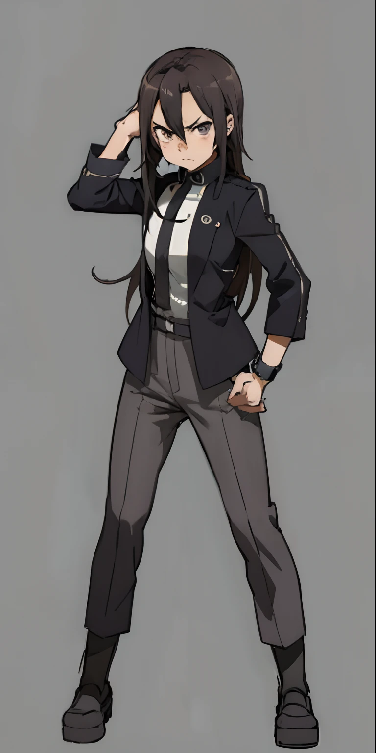 Brown Girl Short High Body All Over High Quality Black Shirt And Best Quality Pants, anime style angry face serious look, wearing a suit