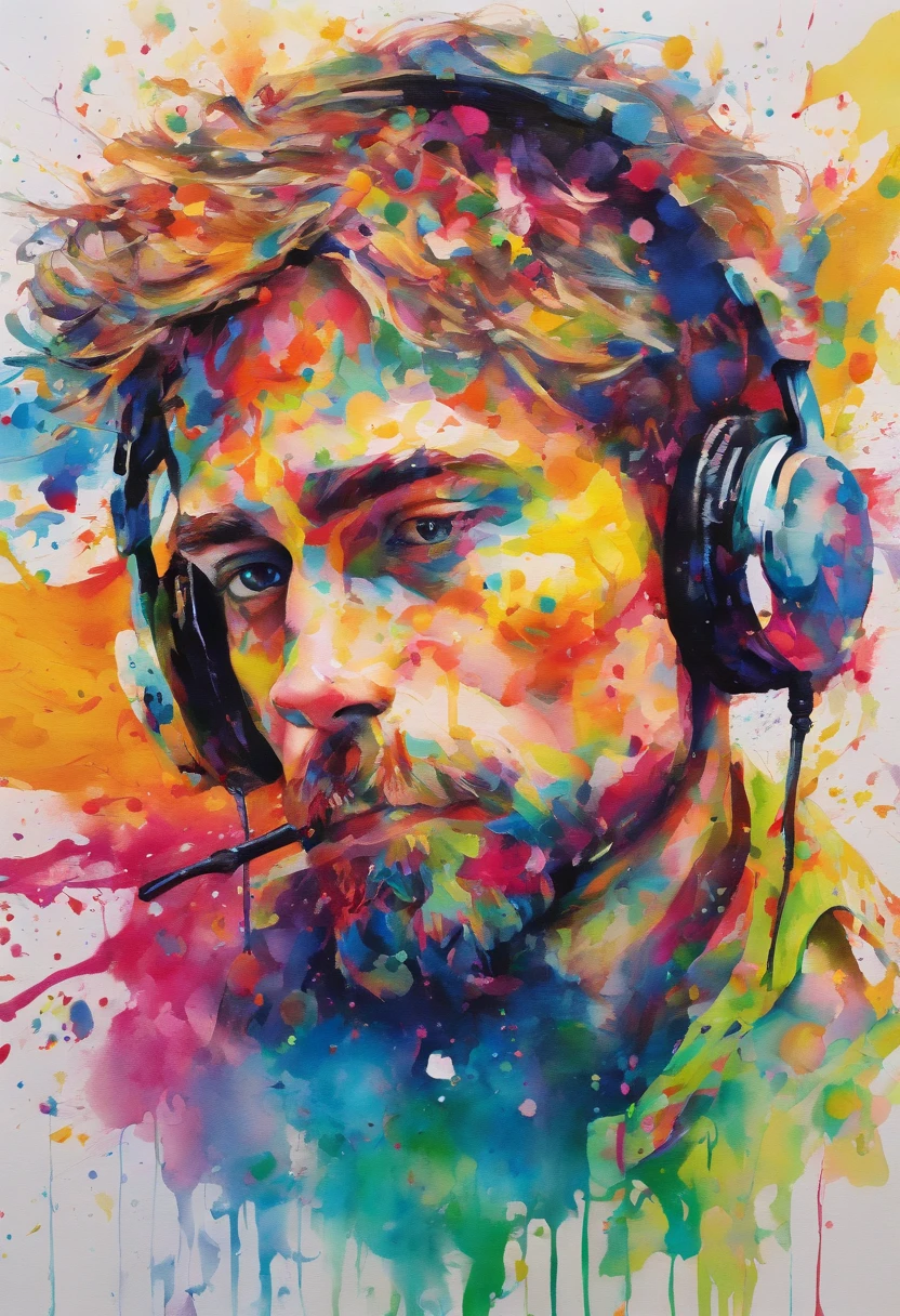 High quality, Masterpiece, aquarelle, wash technique, Colorful, A painting with dripping and scattered paint, Painting like Agnes Cecile, Blurry, pale touch, smudged outline, like a fairy tale, A young man listening to music with headphones on, christianity, Catholic elements, vivd colour, High detail, Vivid colors and nature, Luminism, Three-dimensional effects, Enhance aesthetics, Albert Anker, Luminism, isometry, author：Snow barn, Awesome full color
